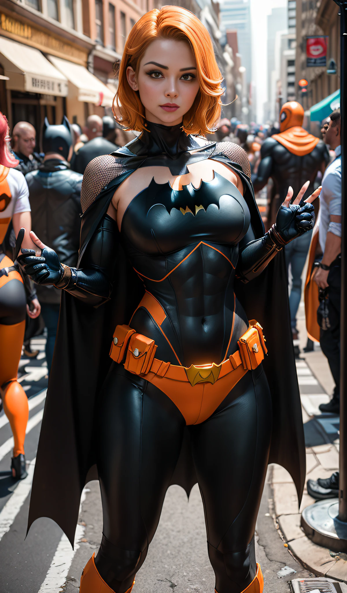 4k, realista, charismatic, muito detalhe, There's a girl at the top of town, vestindo o figurino do batman, She's a Batman, orange superhero theme, cabelo longo laranja, 25 anos, corpo inteiro
