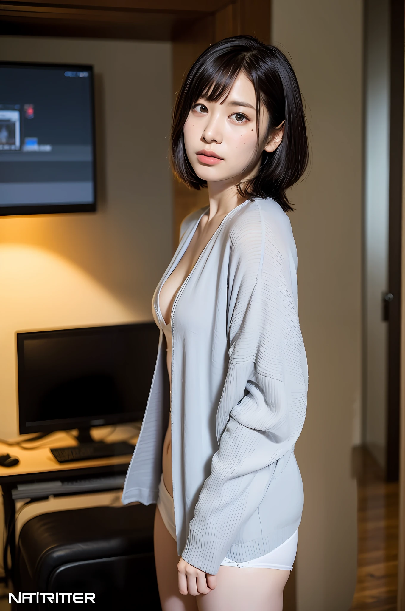 Long cardigan with sheer linen、Underwear is black、The skin is sheer、