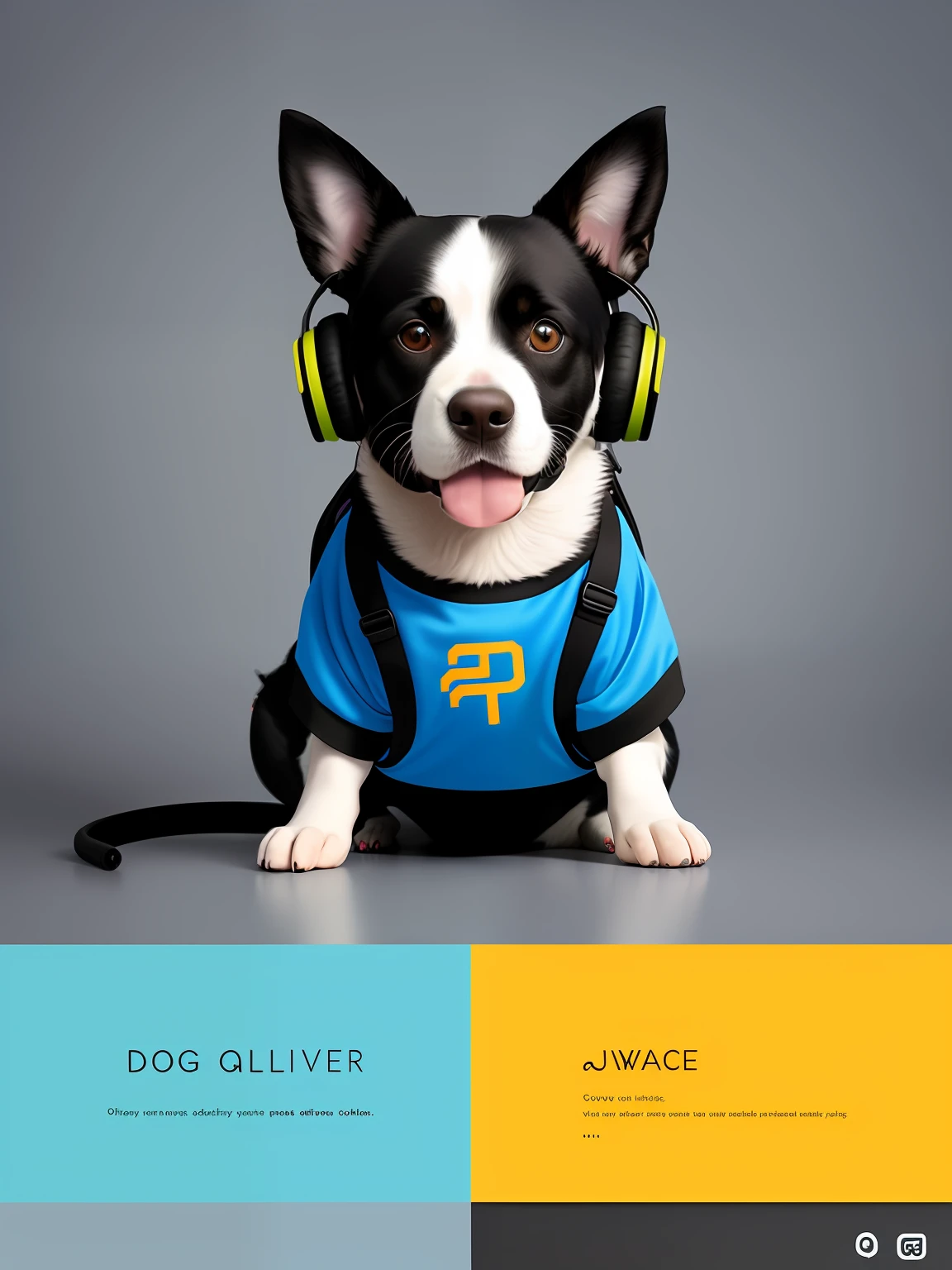 Design a mascot for a tech-themed brand featuring a dog with headphones and a backpack, conveying a sense of adventure and curiosity. Use bold colors and playful typography to create a fun and engaging look