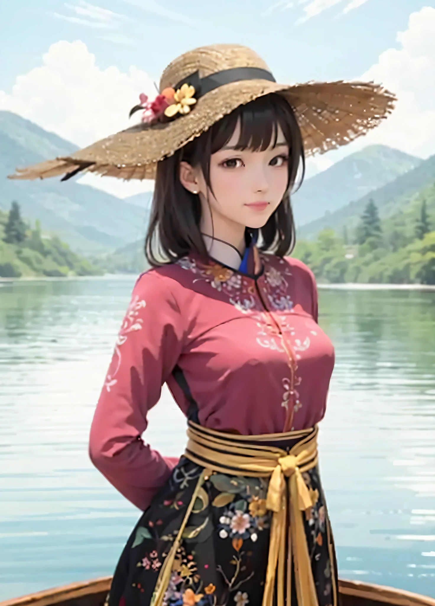 there is a woman in a hat standing on a boat, artwork in the style of guweiz, asian hyperdetailed, Guwiz, Smooth anime CG art, highly detailed exquisite fanart, painted in anime painter studio, detailed portrait of an anime girl, sakimi chan, cute anime waifu in a nice dress, full body xianxia, Beautiful character painting