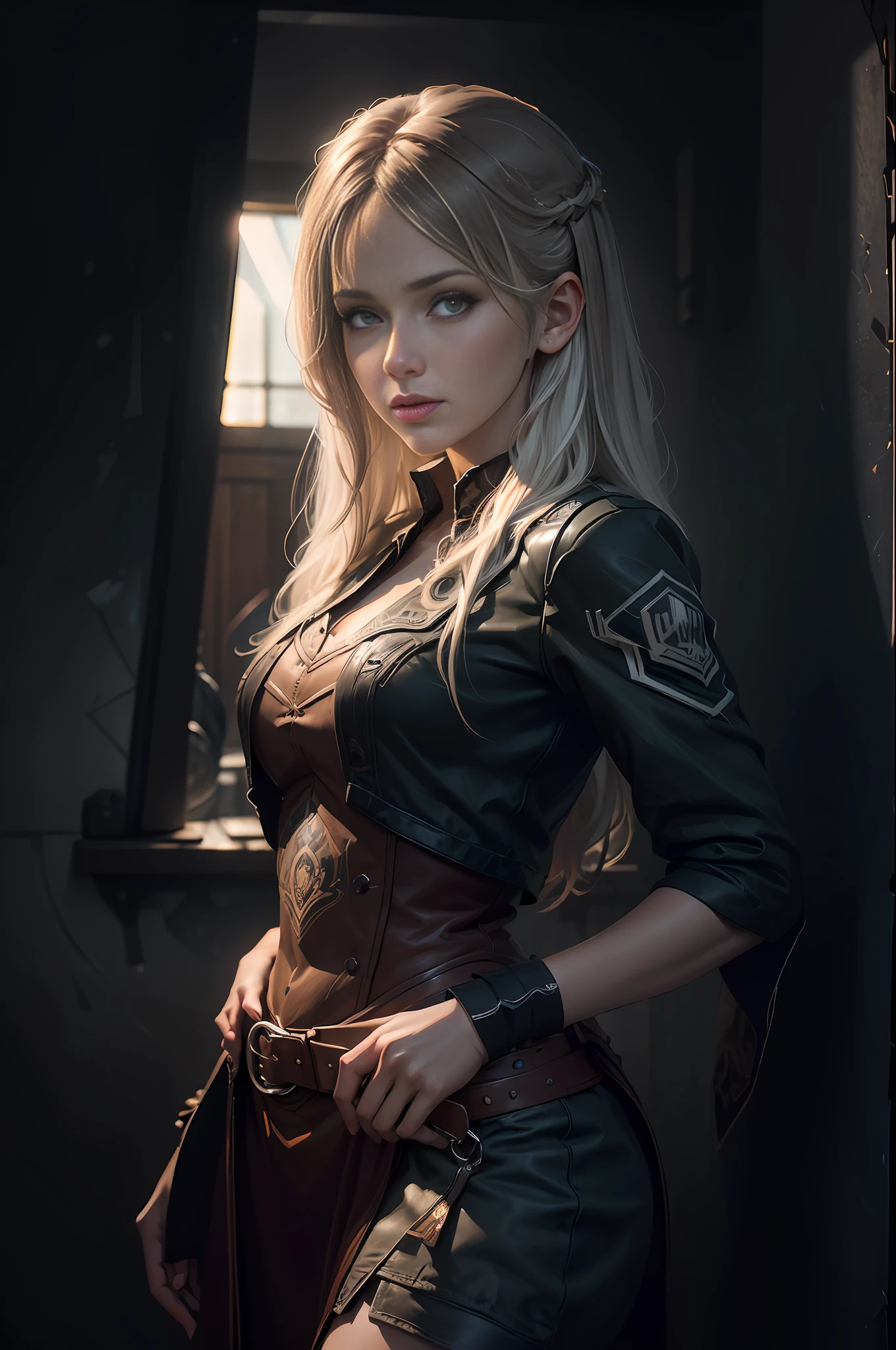 (front focus), (in the dark:1.6), Hyperrealist portrait of female by david hockney and alphonse mucha, fantasy art, photo realistic, dynamic lighting, artstation, poster, volumetric lighting, very detailed faces, 4 k, award winning, 1girl, in the dark, deep shadow, low key, cowboy shot, (official clothing:1.4), long hair, white hair --auto