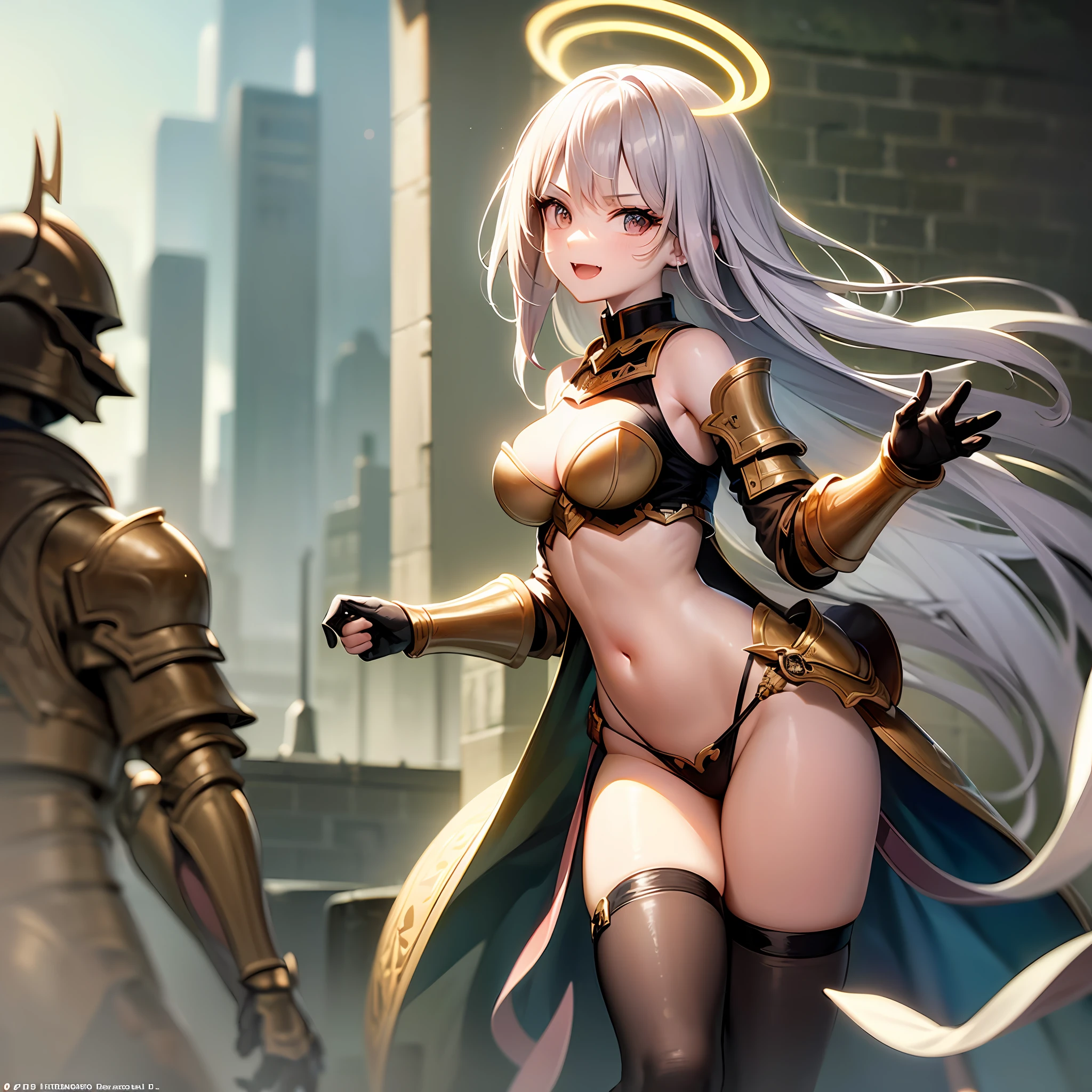 fantasy, 1angel_girl,child, loli,dark_color_hair, medium_bob_hair, long_bangs, halo,bare_shoulder,thighhighs,silver_armor, waist_armor, large_breasts,angry,smile,open_mouth1pair_wings, dynamic_ pose_fighting,floating, bare_crotch, covered_nipples, covered_pussy,headgear,gauntlet, greaves, pelvic_curtain, city_sky_background,slightly_spread_legs, solo, groin_naked,(masterpiece, best quality, best quality, official art, beautiful and aesthetic:1.2), (1 girl), very detailed,