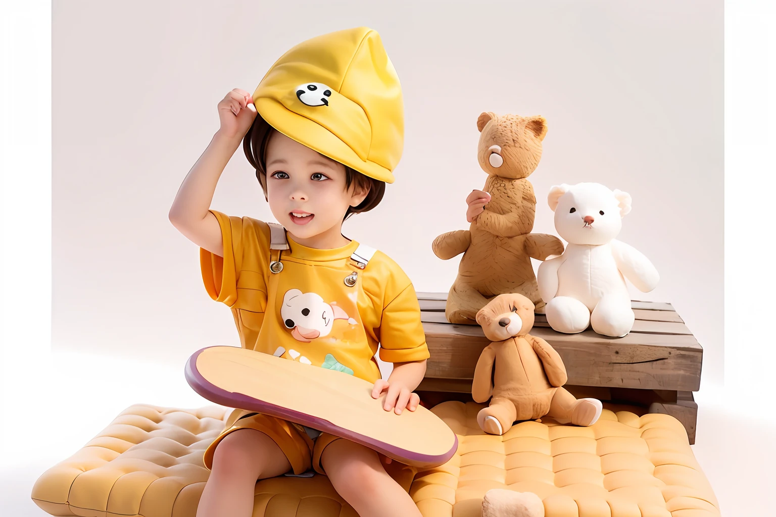 there is a young boy sitting on a cushion with a skateboard, yellow overall, The , toy commercial photo, Cute boy, yellow clothing, ruan cute vtuber, with yellow cloths, kawaii:2, Wearing wheat yellow gauze, bright sunny day, Smiling, Happy kids, very cute and childlike, wearing a straw hat and overalls