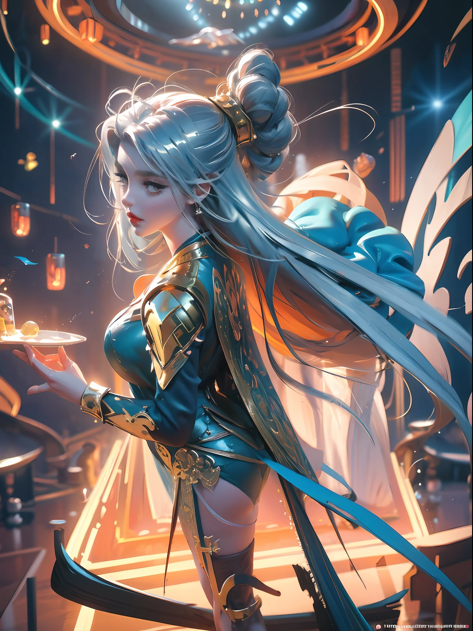 close-up of Britney Spears in a silver and blue dress, chengwei pan on artstation, by Yang J, detailed fantasy art, stunning character art, fanart best artstation, epic and exquisite character art, beautiful armor, extremely detailed art, detailed digital anime art, artgerm on artstation pixiv, girl in armor