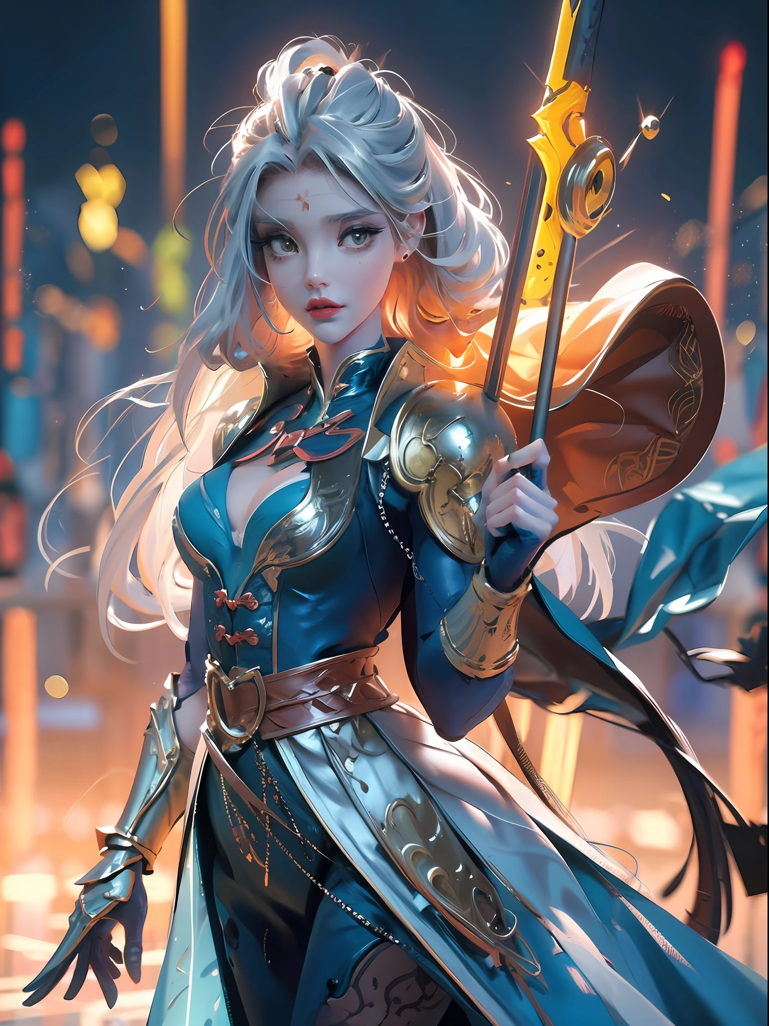 close-up of Britney Spears in a silver and blue dress, chengwei pan on artstation, by Yang J, detailed fantasy art, stunning character art, fanart best artstation, epic and exquisite character art, beautiful armor, extremely detailed art, detailed digital anime art, artgerm on artstation pixiv, girl in armor