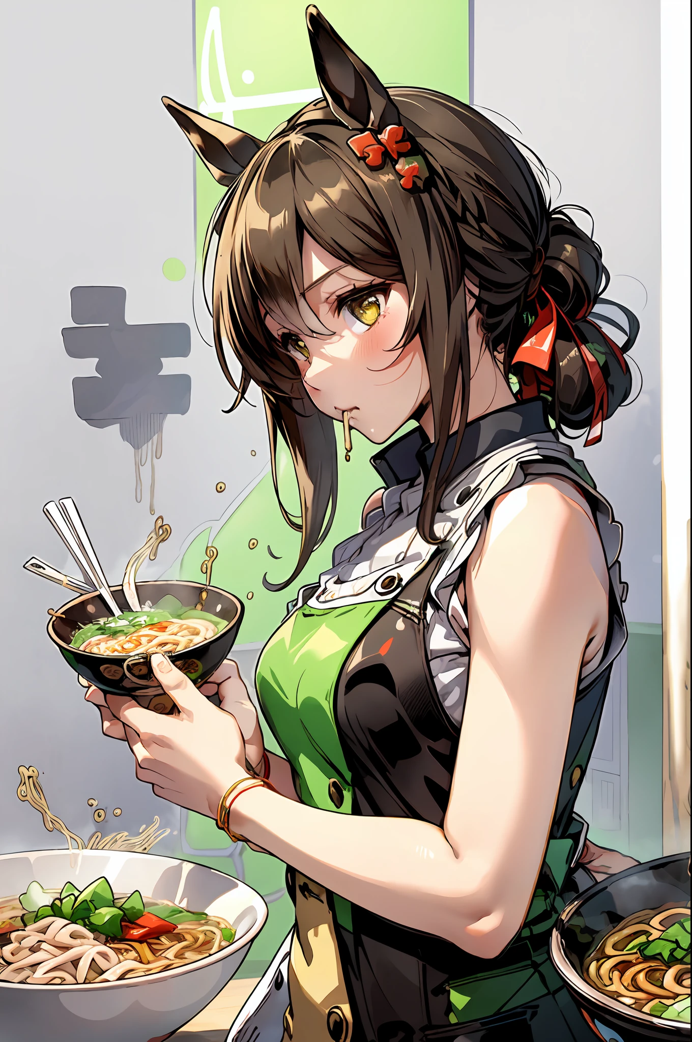 masterpiece, best quality, fine motion \(umamusume\),horse ears, horse tail, trousers, green tank top under white apron,table,one hand holding bowl,(a girl eating ramen with chopsticks in her hand, with a bowl of noodles in front of her:1.3) ,