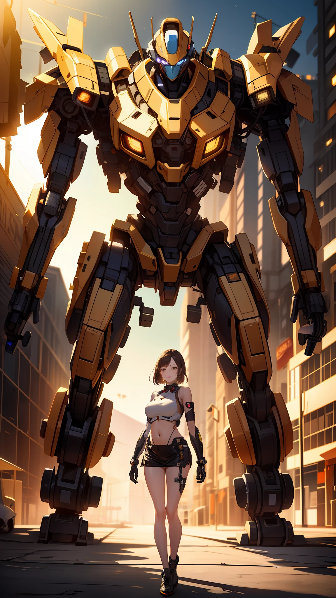 ((masterpiece, best quality)),illustration,ultra detailed 8k,photorealistic,sharp focus,highly detailed,professional lighting,colorful details,iridescent colors BREAK extreme long shot of a factory,large mechanical robot construction,microchip,computer,glowing,intricate details,shitu-mecha,1girl is standing in front of the audience,Navel,full body