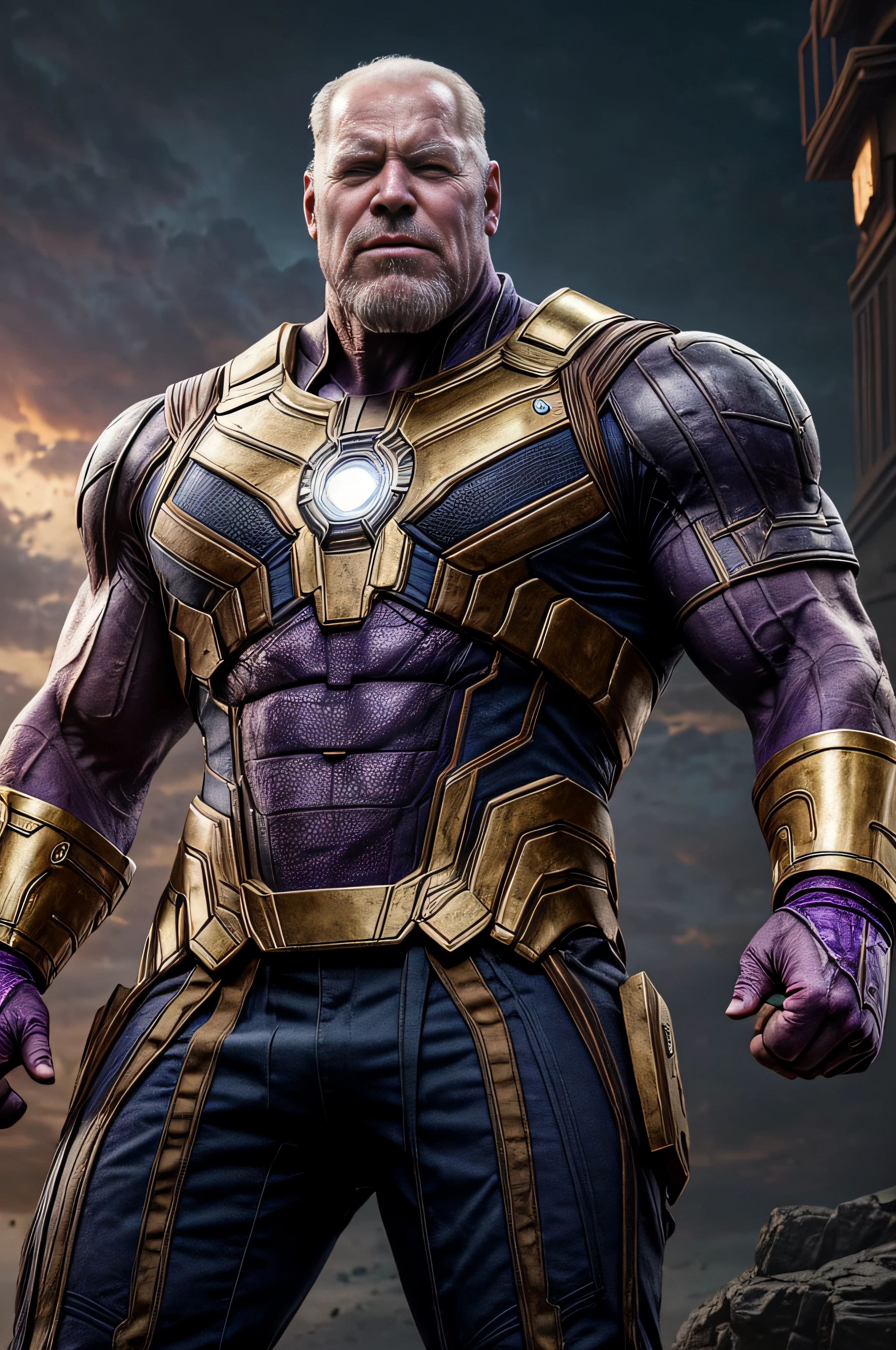 realistic portrait photo of Joe Biden as Thanos, thnos, purple skin, thanos infinity gauntlet