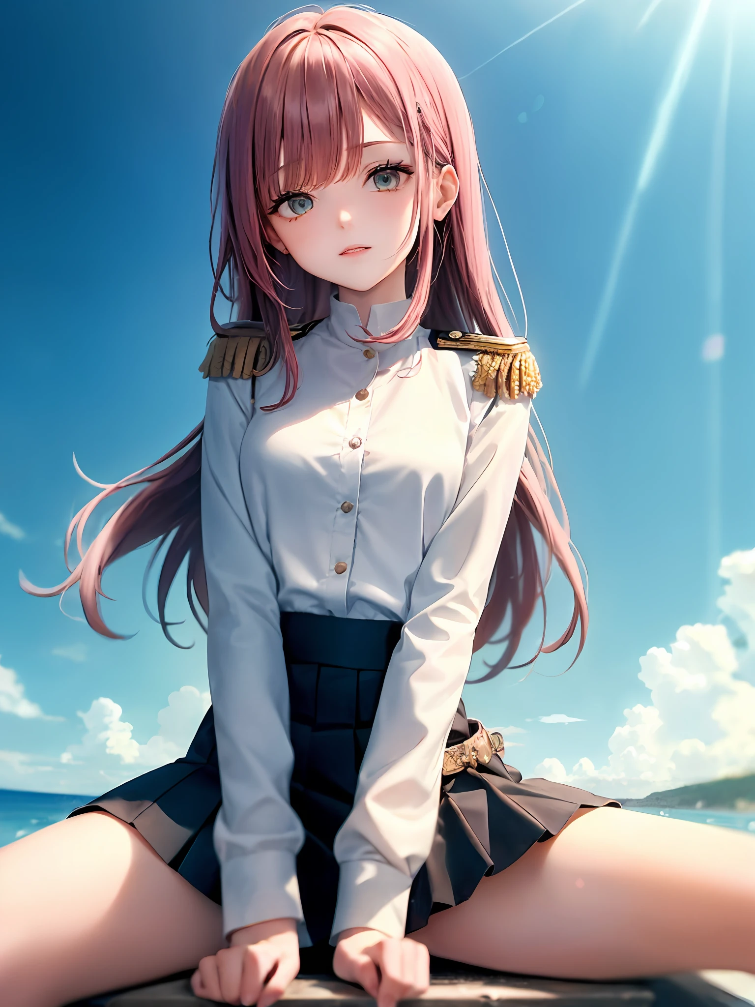 1girls, Single person，(masterpiece:1.1), (Best quality:1.1), (White blouse:1.1), High-waisted skirt, Break [blue:Pink:0.5] theme, (gradient backgrounds :1.1), Cowboy shot, Cinematic light，The Perfect Hand， Break through pink hair, single horse tail, Black military top, Yellow epaulettes，Black pleated skirt，Black boots，Beth，Blue eyes， Slender beautiful legs，Seated position，Mottled sunlight，seaside backgroud