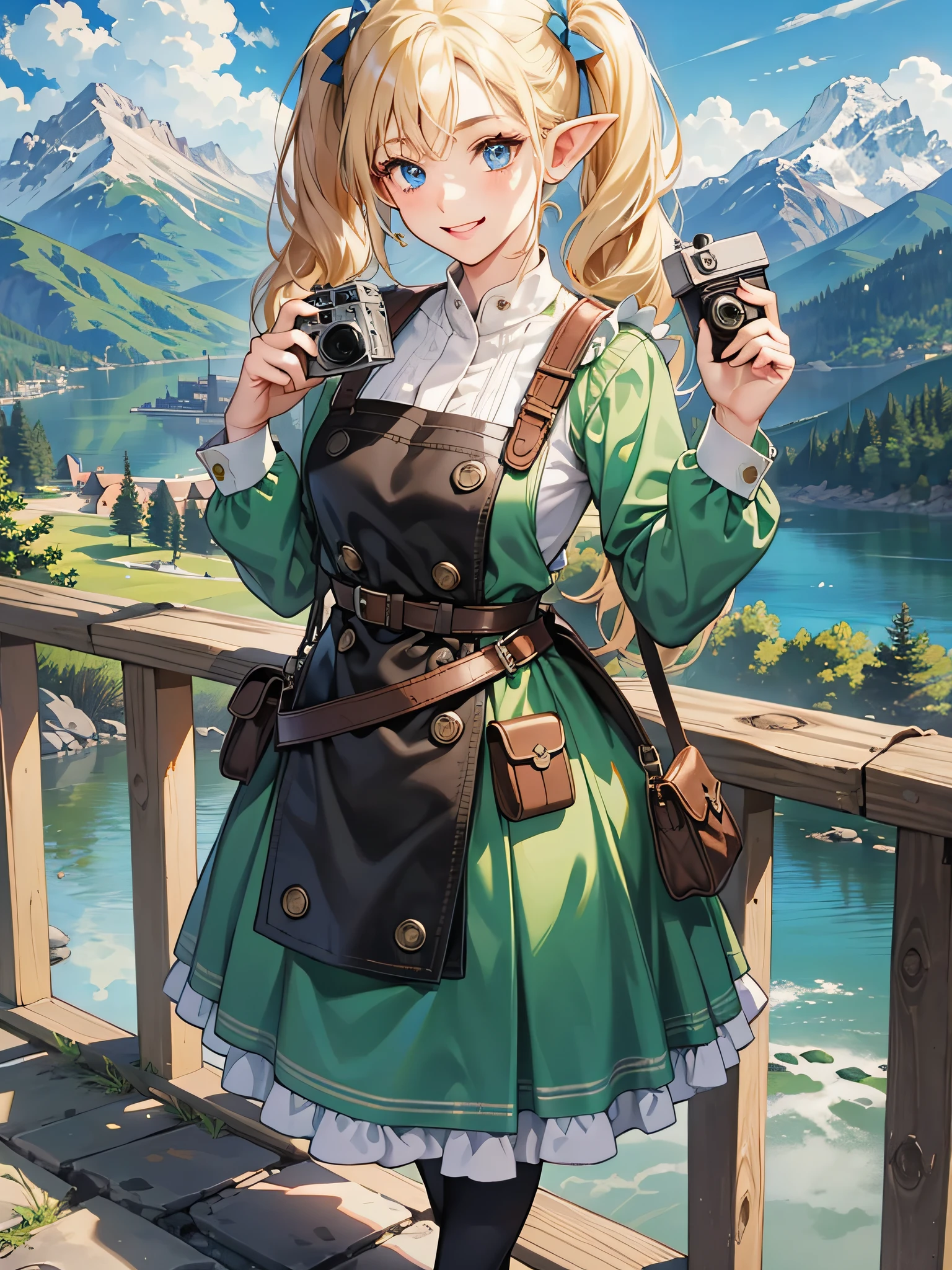 elvish, enmaided, solo, full entire body, Standing, Turn around and smile, platinum-blonde,twintails, Blue eyes, Green Apron Dress, Leather Pouch, Holding a Leica-style camera in hand, Majestic views with mountains and lakes