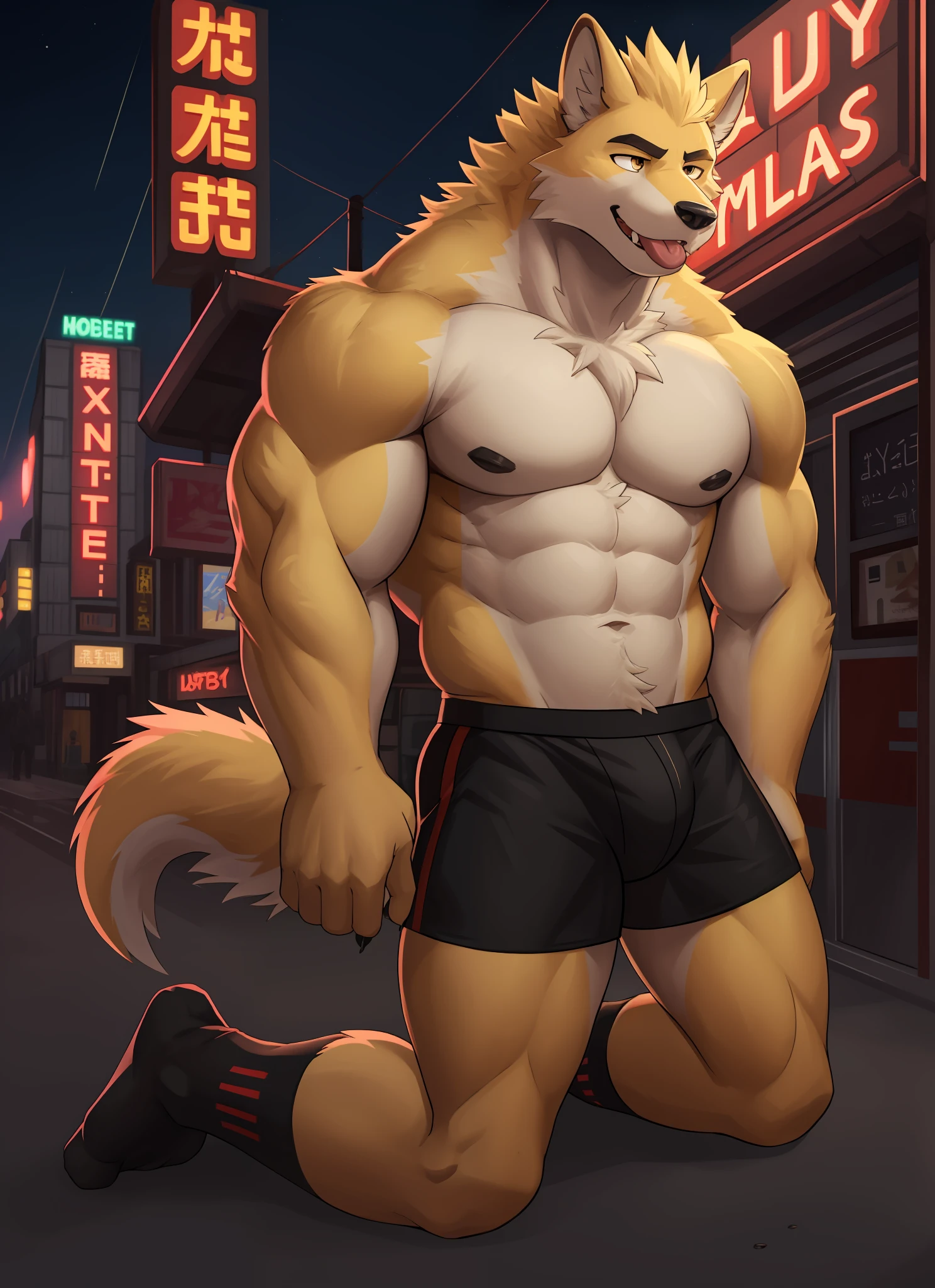 cooper krager, 独奏,1boys, Male focus, very muscular, chest muscle, mucular male, Briefs, Sharp nails, nightcity, Neon Sign, Longhaire, Yellow fur,full entire body,semi- ,thick legs,Black socks,Kneel on both legs,Lewd expression,kneels on the ground,Shirtless,Kneel on both knees,独奏,Single person,Black socks,Briefs,Only one person!Stick out your tongue