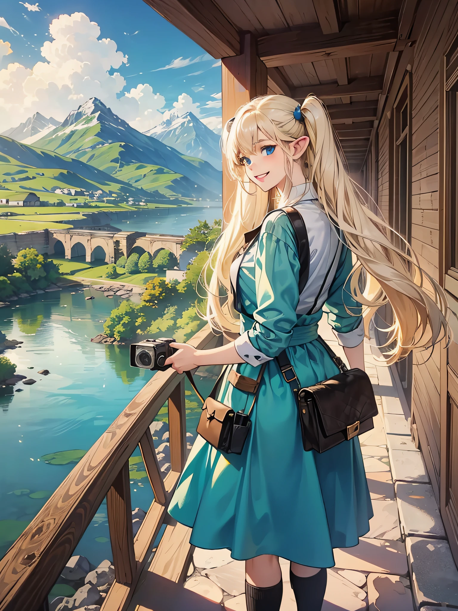 elvish, enmaided, solo, full entire body, Standing, Turn around and smile, platinum-blonde,twintails, Blue eyes, Green Apron Dress, Leather Pouch, Holding a Leica-style camera in hand, Majestic views with mountains and lakes