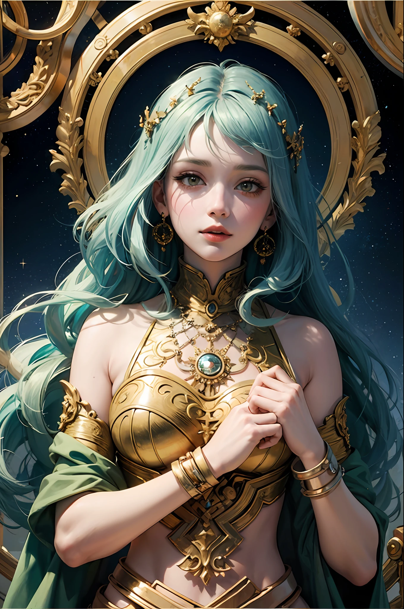 (masterpiece, top quality, best quality, official art, beautiful and aesthetic:1.2), (1girl), extreme detailed,colorful,highest detailed, official art, unity 8k wallpaper, ultra detailed, beautiful and aesthetic, beautiful, masterpiece, best quality, (zentangle, mandala, tangle, entangle) ,holy light,gold foil,gold leaf art,glitter drawing, PerfectNwsjMajic