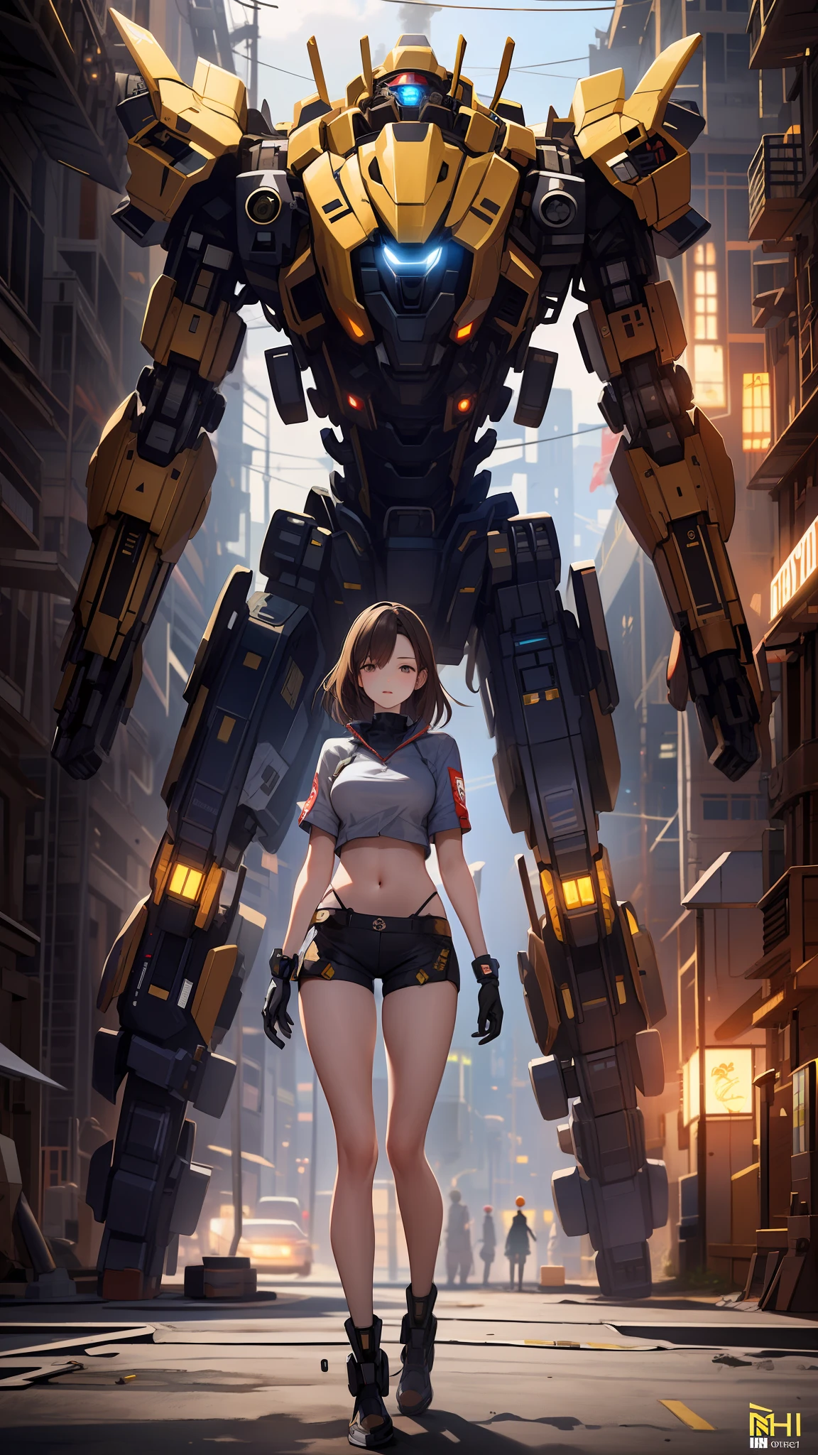 ((masterpiece, best quality)),illustration,ultra detailed 8k,photorealistic,sharp focus,highly detailed,professional lighting,colorful details,iridescent colors BREAK extreme long shot of a factory,large mechanical robot construction,microchip,computer,glowing,intricate details,shitu-mecha,1girl is standing in front of the audience,Navel,full body