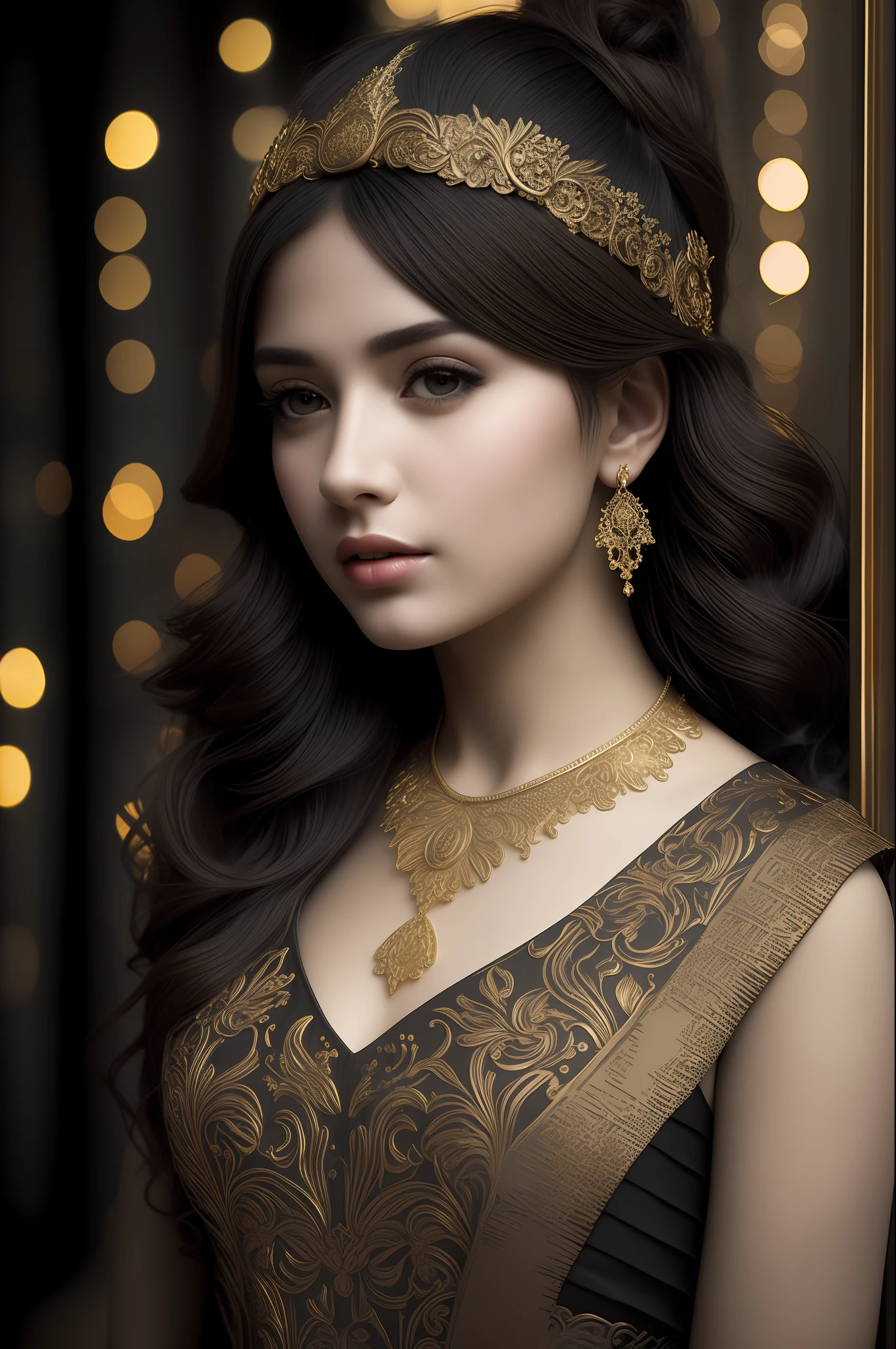 HyperSmoke, award winning portrait photo of an young gold woman, bokeh, backlit, (brown color in detail:1.1), elegant atmosphere, realistic, intricate details, true skin tone