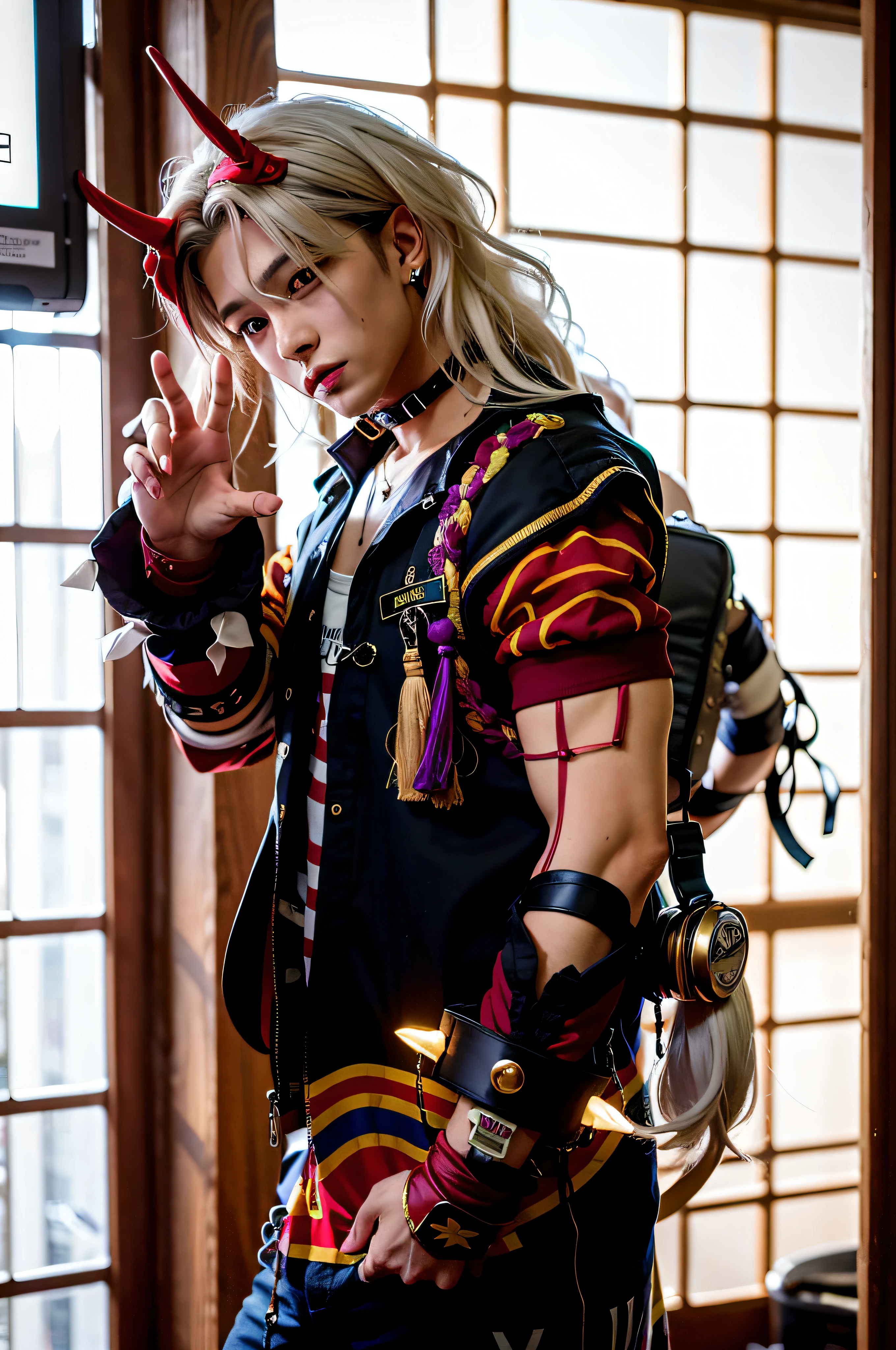 White-haired man in black jacket and red and yellow shirt,iwhite colored hair,30-year-old man，Very handsome，gay，There are a lot of muscles， cosplay, cosplay photo, cosplay,