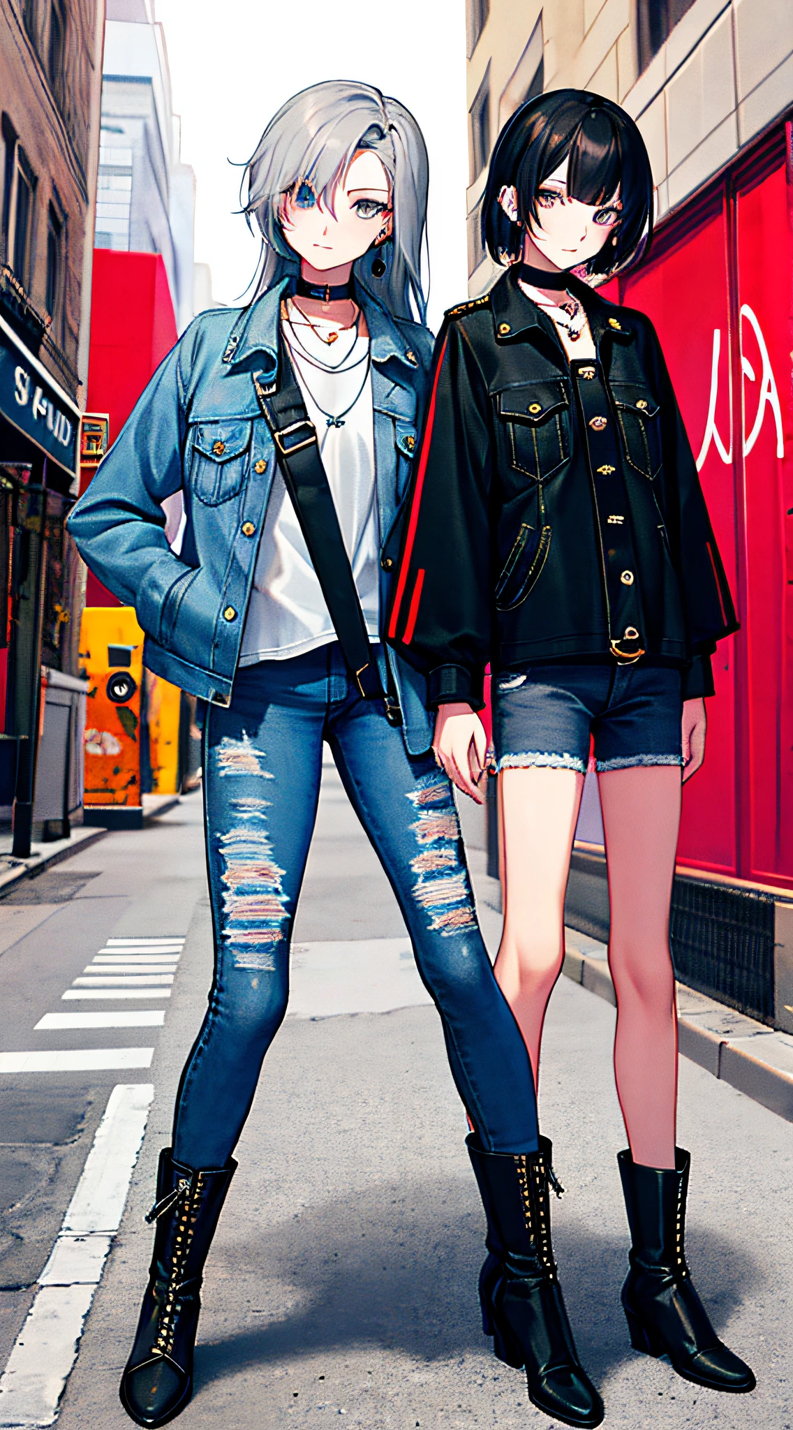 (Masterpiece: 1.2, Best Quality), 1 Lady, Single, Upper Body, Hair: Flat Band Cut, Clothing: Oversized distressed denim jacket with patches and pins, with black skinny jeans and military boots, Accessories: Silver earrings and black collar necklace, hang out in underground music venues or street art exhibitions