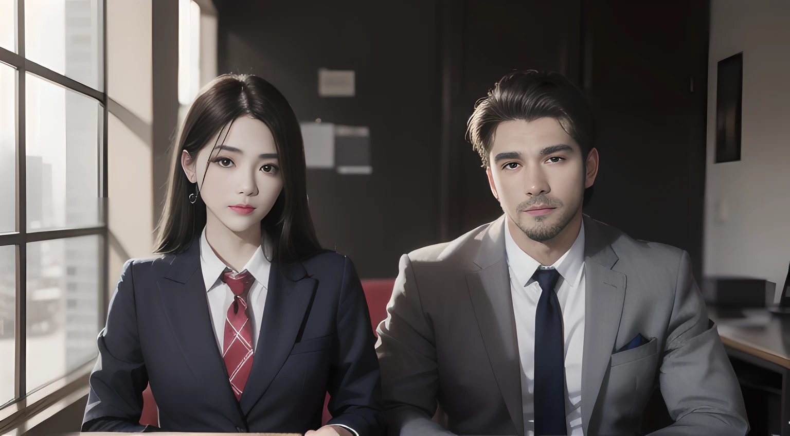 (both of them are men), (head shot), (Face only), (Two handsome muscular businessmen in their 30s)、They are wearing businesssuites and ties in the office, mischievous smile, (small details: 1 in 1), natural muscles, hig quality, beautifull eyes, (Detailed face and eyes), (Face、: 1 / 2), noise, real pictures、... ..............PSD, Sharp focus, High resolution 8K, Realstic & Professional Photography, 8k UHD, Soft lighting, High quality, Film Grain, Fujifilm XT3