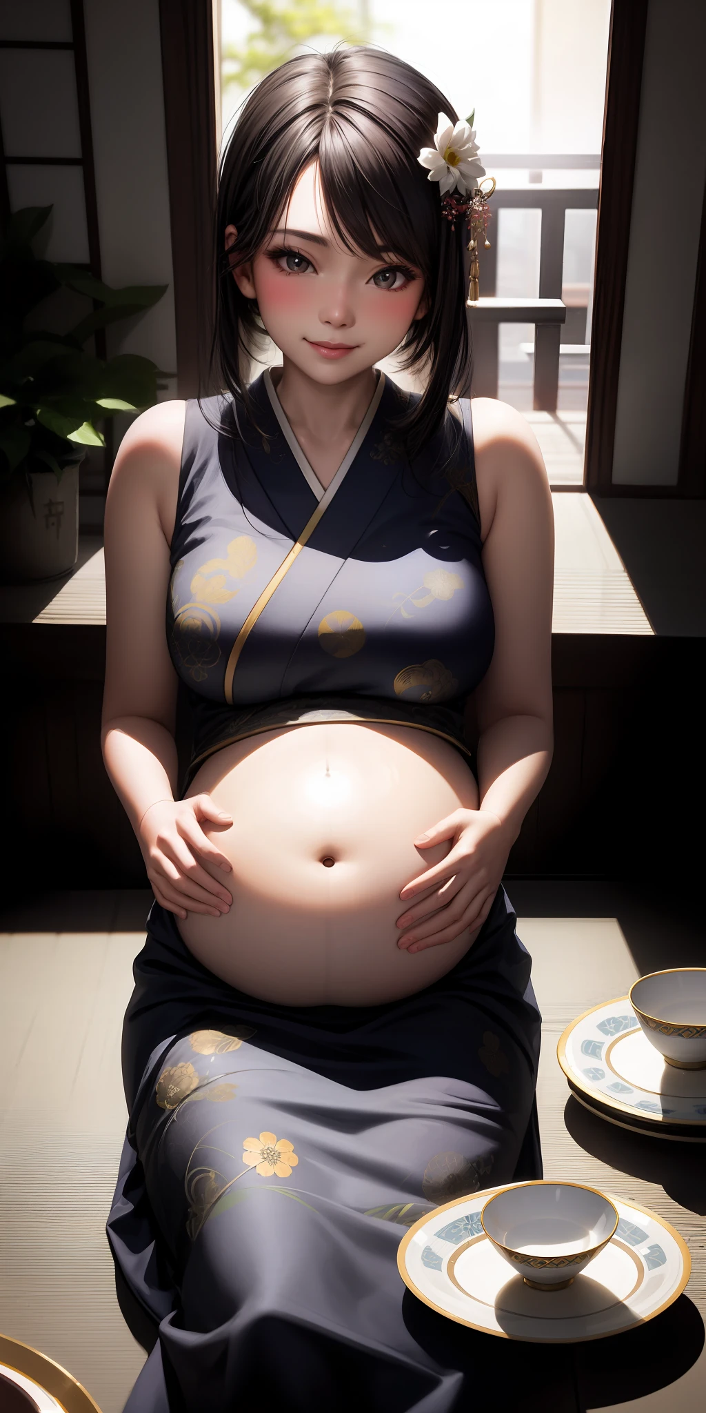 Lifelike，1girls，Wearing makeup，japanese gal，lips parted，Blush face，（chinaware），Light smile，east asian architecture，The Sun，sunrays，inverted image，hair ornament，pregnant woman，Open abdomen