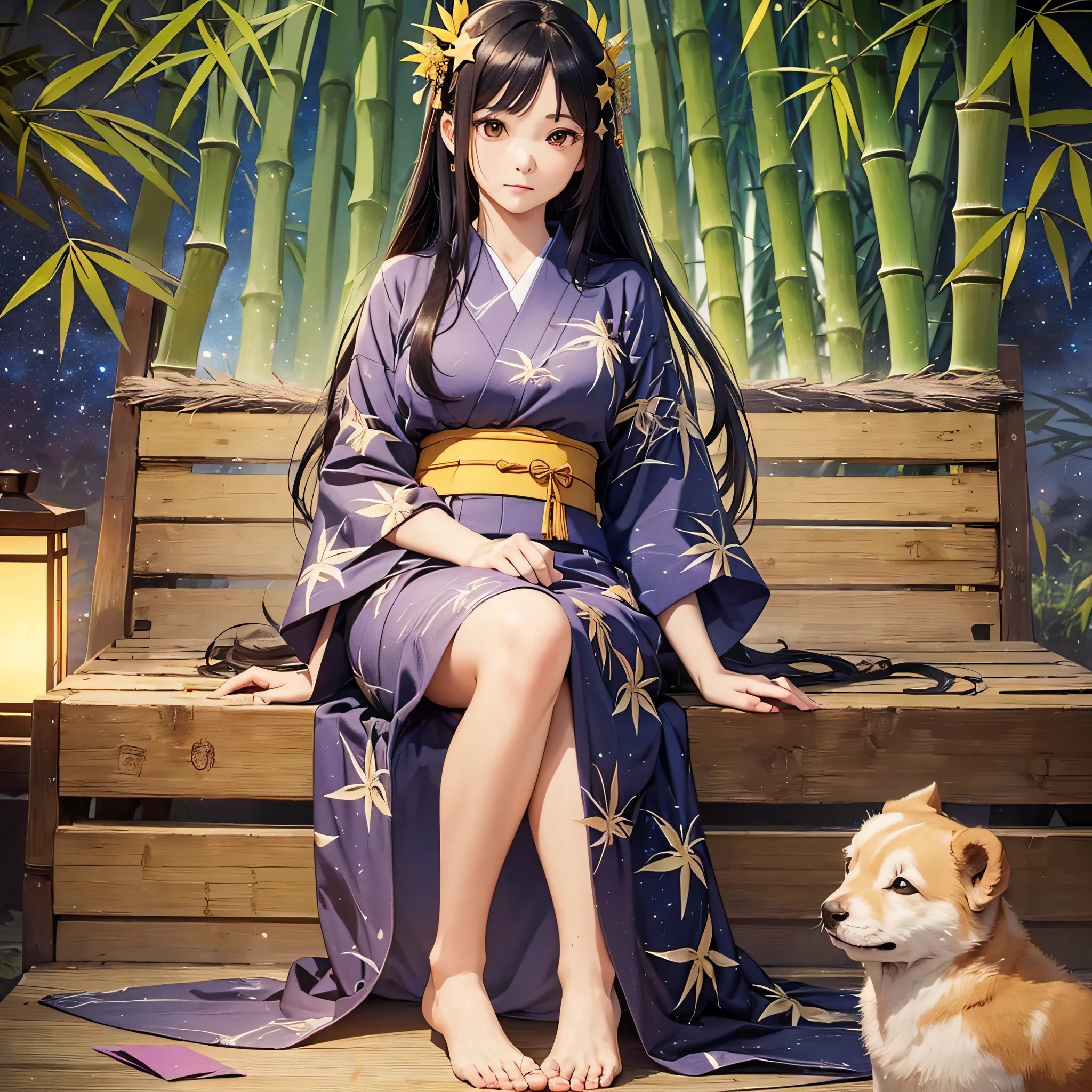 Masterpiece, highest quality, realistic, (((Tanabata: 1.8)))), ((Star Festival: 1.5)), (Orihime in a yukata and waiting for her with long black hair and a large star-shaped hair ornament and looks sideways at the viewer with a lonely expression)))), (((Galactic stars in the dark night sky)), 20 years old, full body, photorealistic, ((leans on bamboo with a large amount of thin colored paper)), calf, barefoot