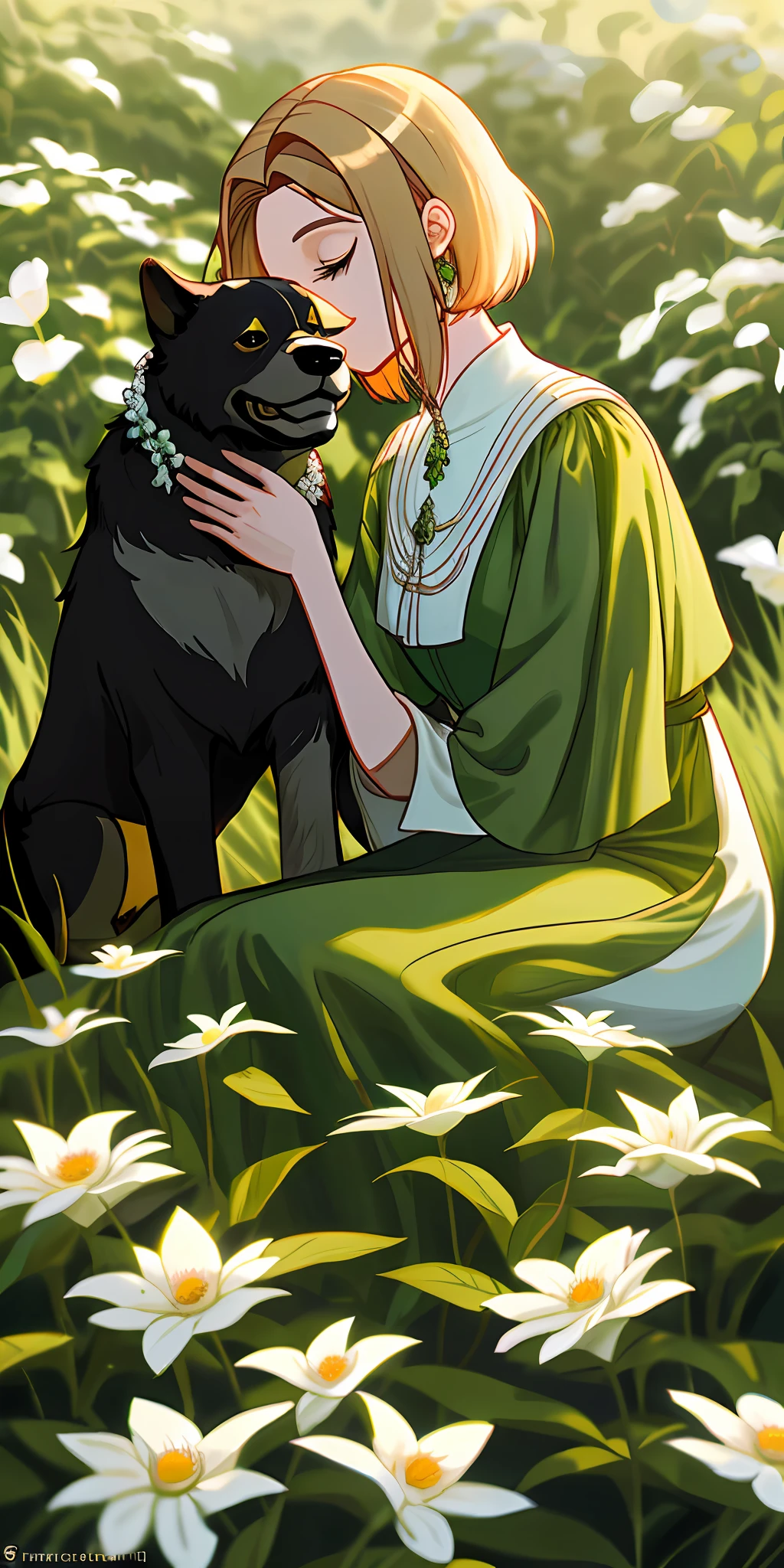(masterpiece, melhor qualidade), 1garota com longos cabelos brancos sentada em um campo de plantas e flores verdes, the hand under his chin, warm lightings, vestido branco, primeiro plano desfocado, com cachorro aparentando ter super poderes.