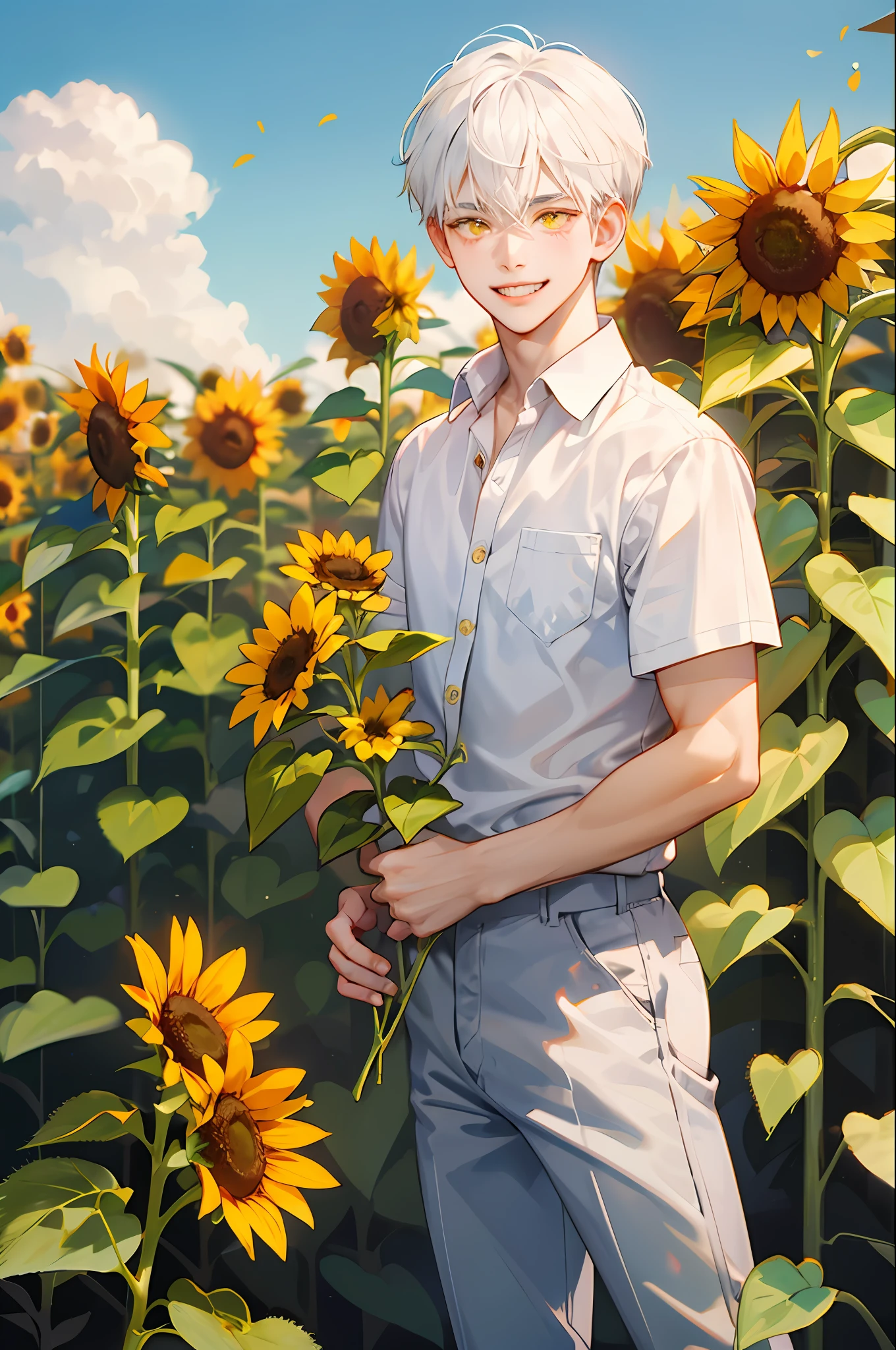 A cute boy smiles, wearing shirt, white hair, yellow eyes, short hair, holds a sunflower, standing in a sunflower garden