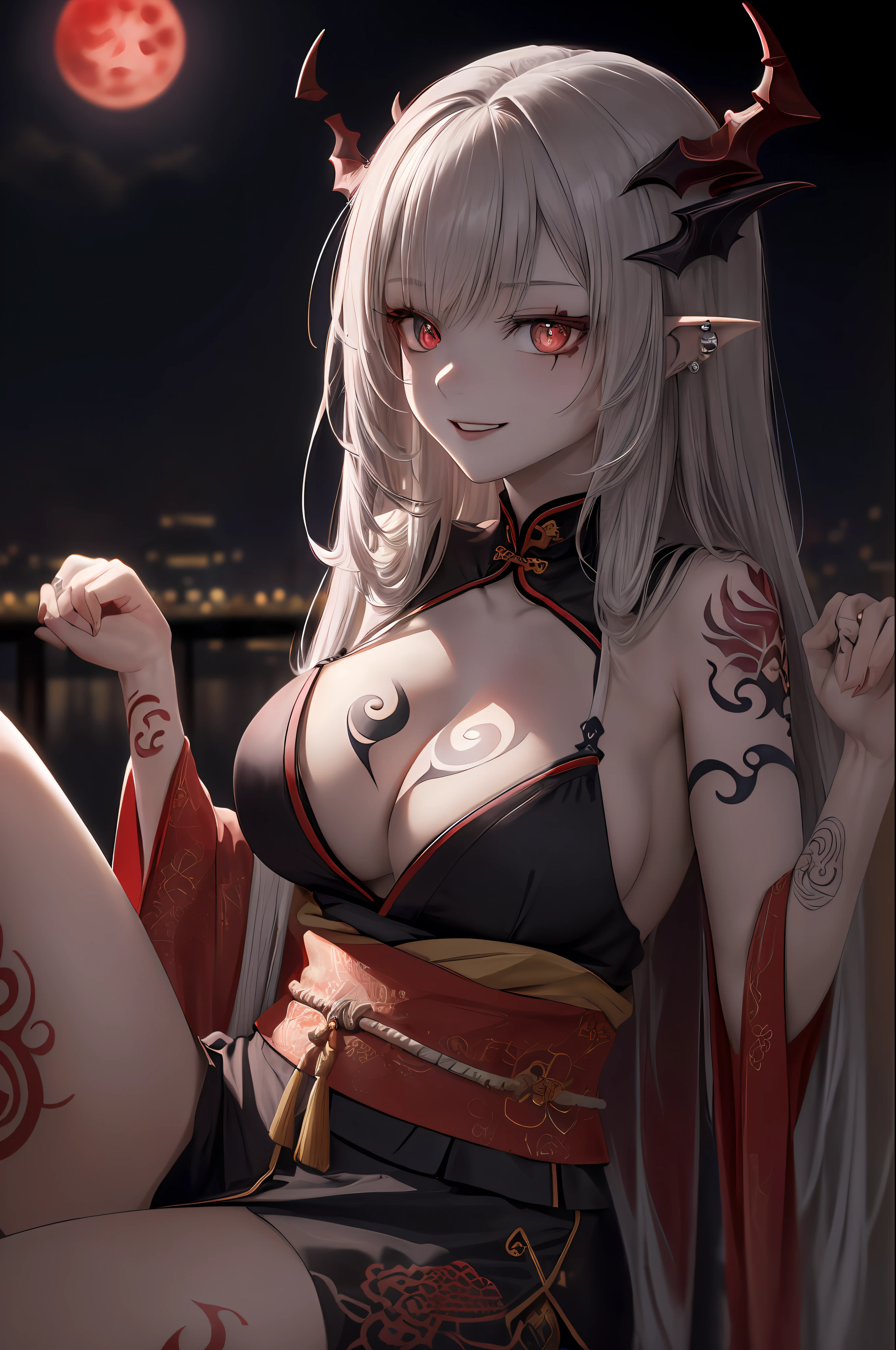 Masterpiece, top quality, Chinese fairy, 1 girl \ ( \) and iris red dragon,((Chinese dragon glaring at girl)),Ultra detailed dragon:2,dark gray background,red moon,gorgeous cityscape in background, red moon:1,masterpiece, best quality, high quality,(dark shapeless creature with dark red glow and red eyes surrounded by darkness:1.2), (in profile), ( Darkness:1.2), Abstraction, Deep Water, Award-winning photography, Depth of field, HDR, Very detailed, Trending in art station, Trending in CGsociety, Complex, High Detail,(Masterpiece: 1.2, highest quality)(Best lighting, very delicate and beautiful)(Best lighting, very delicate and beautiful)(Beautiful detailed face)(Detailed eyes and detailed face:1.2), (Young girl, Little Beast, 1girl, Solo, Crazy smile, Pale skin, G-cup, cleavage, 19 piercings, ((tattoos all over body, tribal tattoos all over legs)) gray hair, glowing red eyes, dynamic angle, vampires), pointy_ears,(depth of field),high contrast,cowboy shot,full body, ((Chinese kimono with ultra-detailed embroidery)), Punk Costumes,