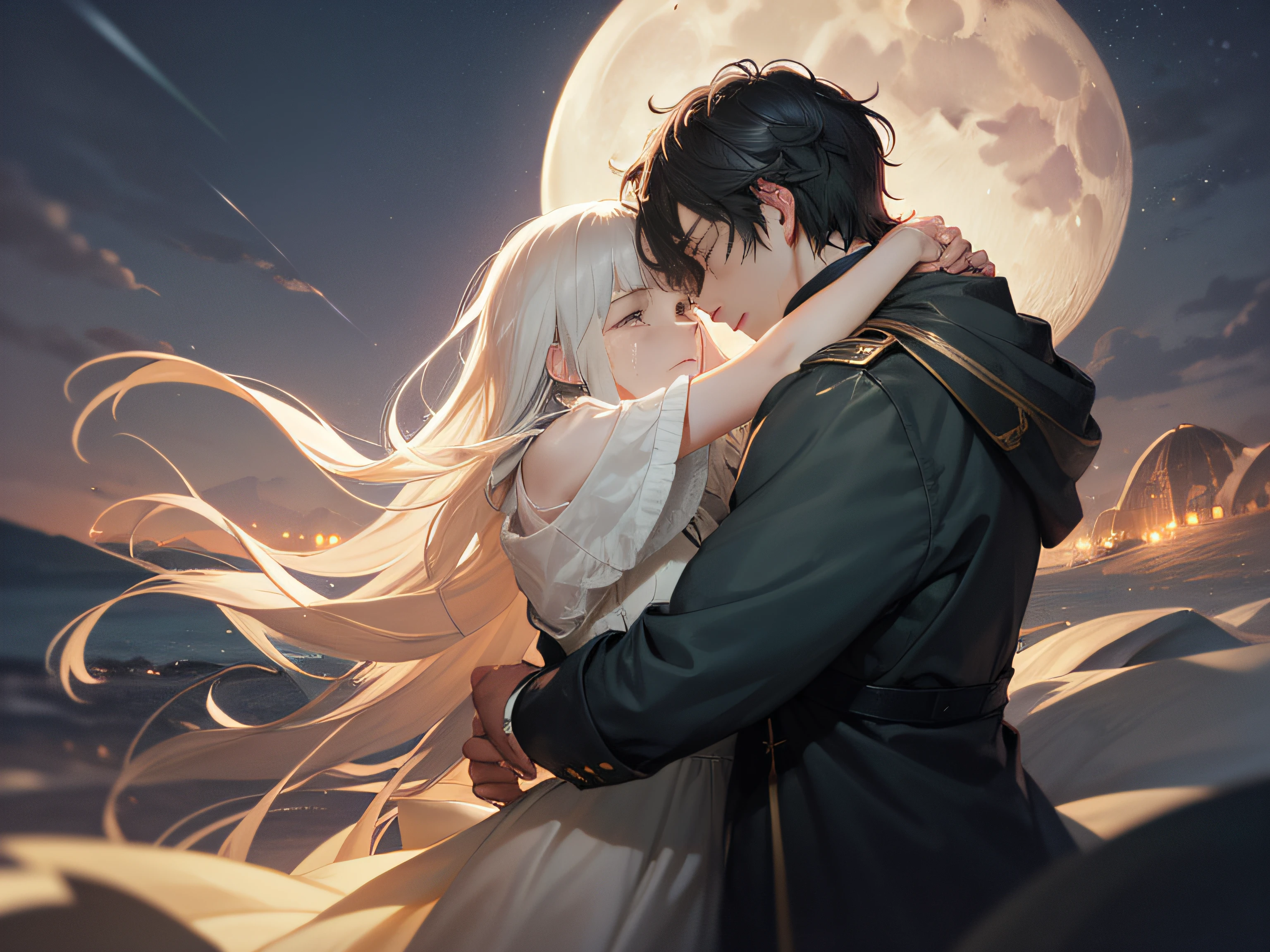 night, fantastic atmosphere, moonlit night, big moon, open arms, hands, hands only, sad, seeking a loved one, sad, tears, dune, white dress, , shoulder dress, hugging, painful feelings, don't go, silver-haired woman
