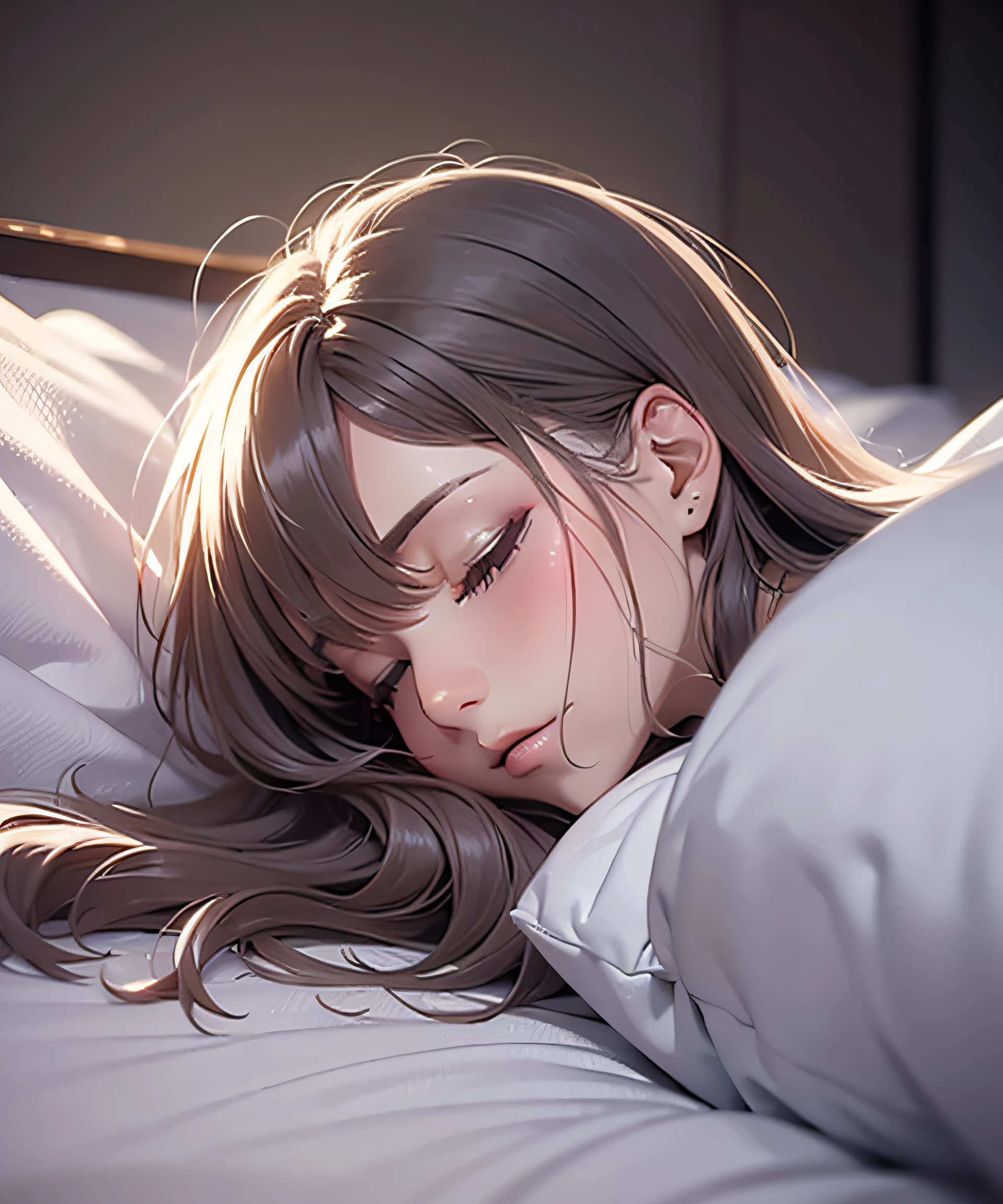 A masterpie、Realstic、best qualiy、Beautiful girl crawling into bed naked、Sleeping wrapped in sheets with profile facing the viewer、Style is clearly visible from the sheets、close her eyes