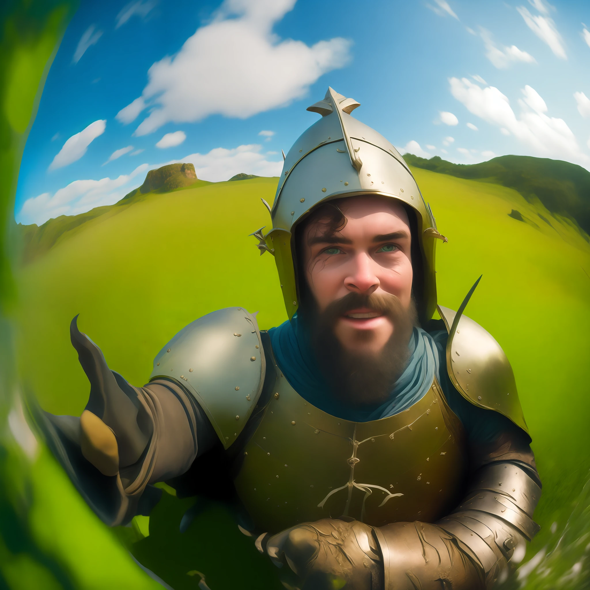 fisheye lens, portrait photo of medieval knight standing in a grassy landscape, grassy hills, sunny day, bright, vibrant colors, pointing at camera and shout angry