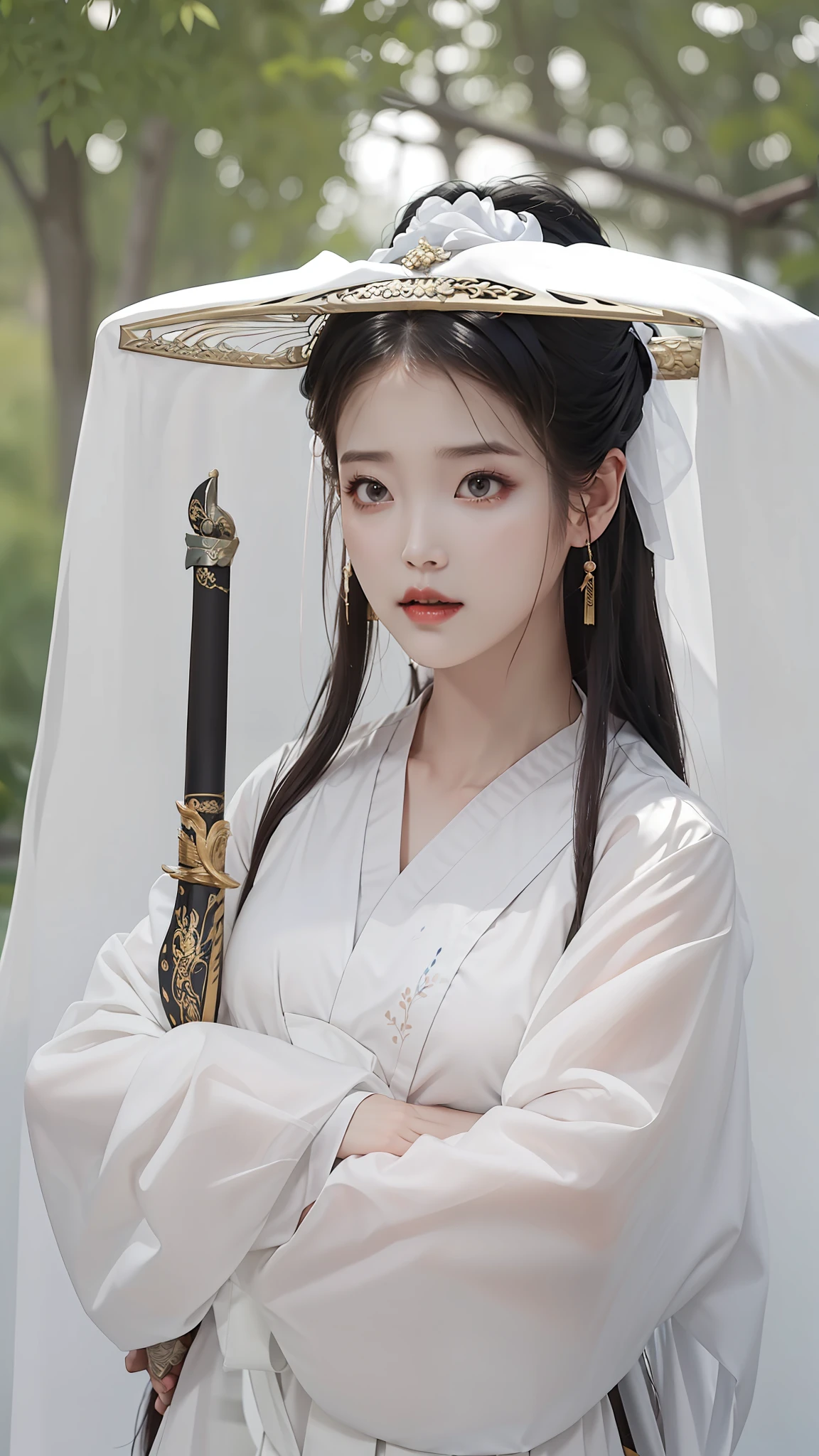 dressed in a dress white,Arad woman with sword and hat, royal palace , A girl in Hanfu, inspired by Du Qiong, ruan jia beautiful!, Xianxia, White Hanfu, dilraba dilmurat, shaxi, holding a sword on her shoulder, xianxia fantasy, Chinese princess, queen of the sea mu yanling