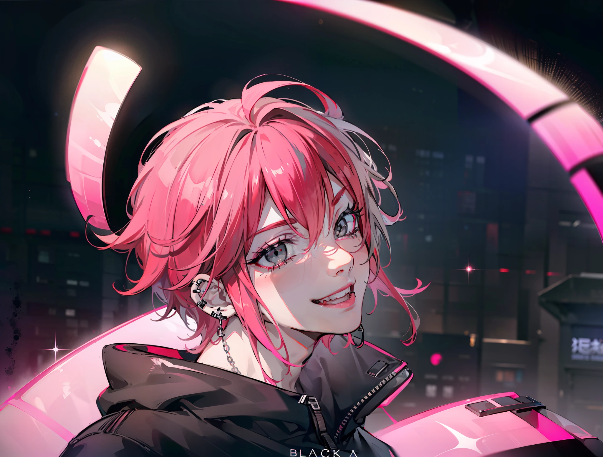 1 person, Femboy, ((Pink Hair Color| black hair color)) , short hair, pink clothes, black clothes, lip piercings, eyebrow piercing, Nose Piercing, a smile, vulgar, Latex black leggings,(( 独奏))), Evil eyebrows, cheeky, (gray eyes| black eyes), Night Street, Hot breath, Black background