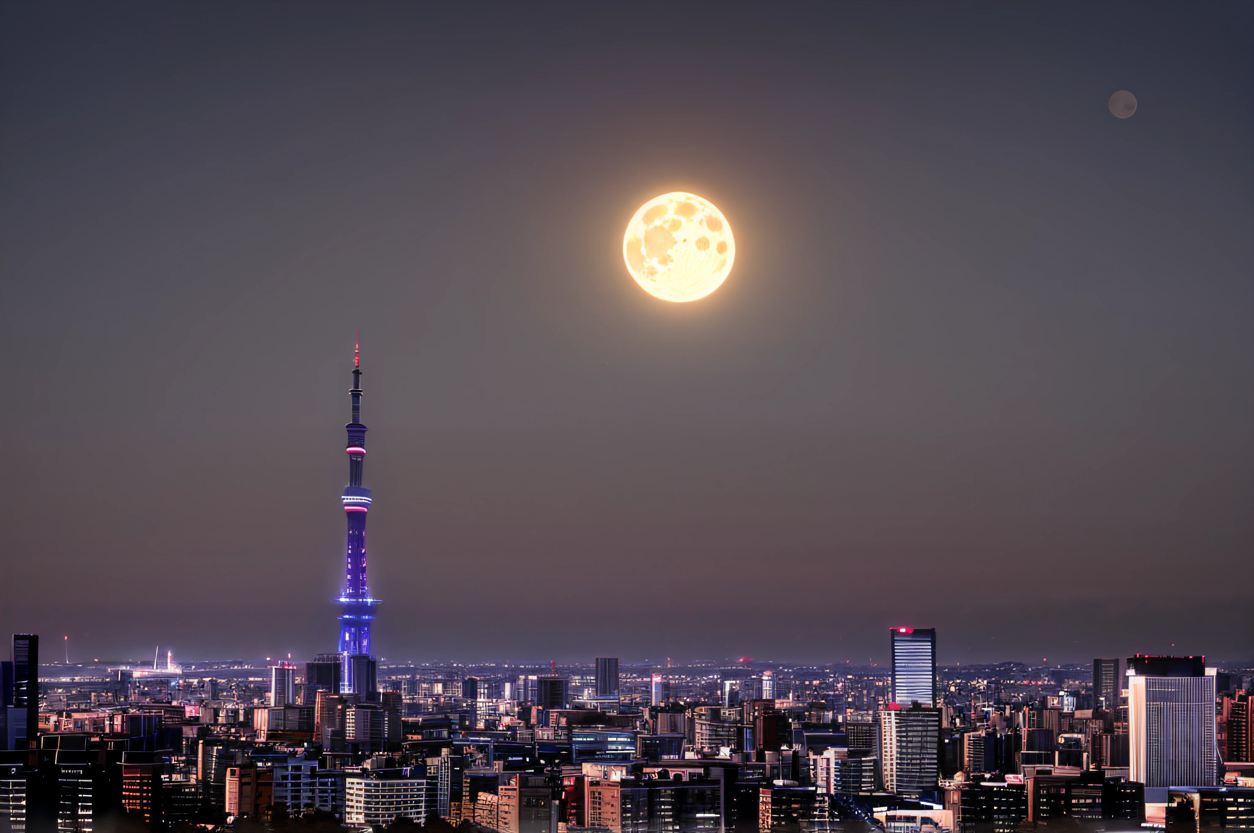 arafed view of a city with a tall tower in the distance, japan tokyo skytree, tokyo in the background, TOKYOcty, tokyo prefecture, golden hour in tokyo, tokyo city in the background, tokyo japan, sky line, tokyo city, skyline showing, tokio futuristic in background, at Dusk!, new tokyo, sky line, Shot with Canon EOS 5D May full moon