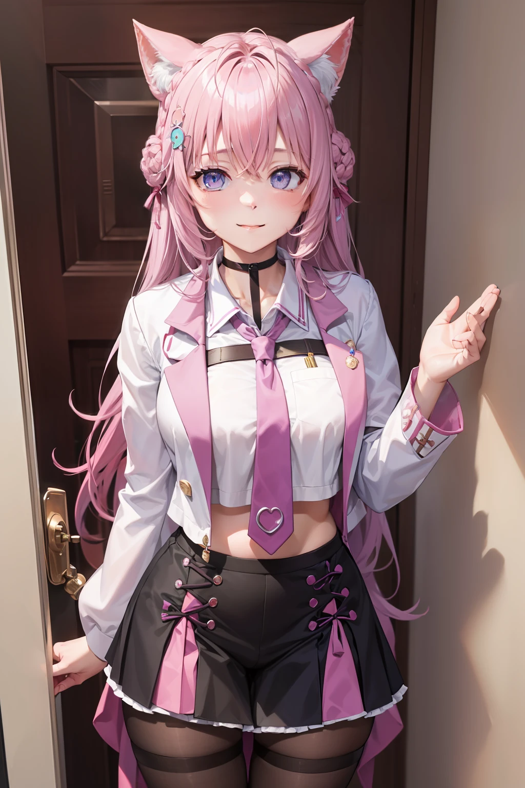 The Masterpiece,best qualiy,Hi-Res,standing a,DEF1,lora:Koyori-000015:1,pink tie,tights,hairornaments,Lilac eyes,One-sided braid,Sorrisos