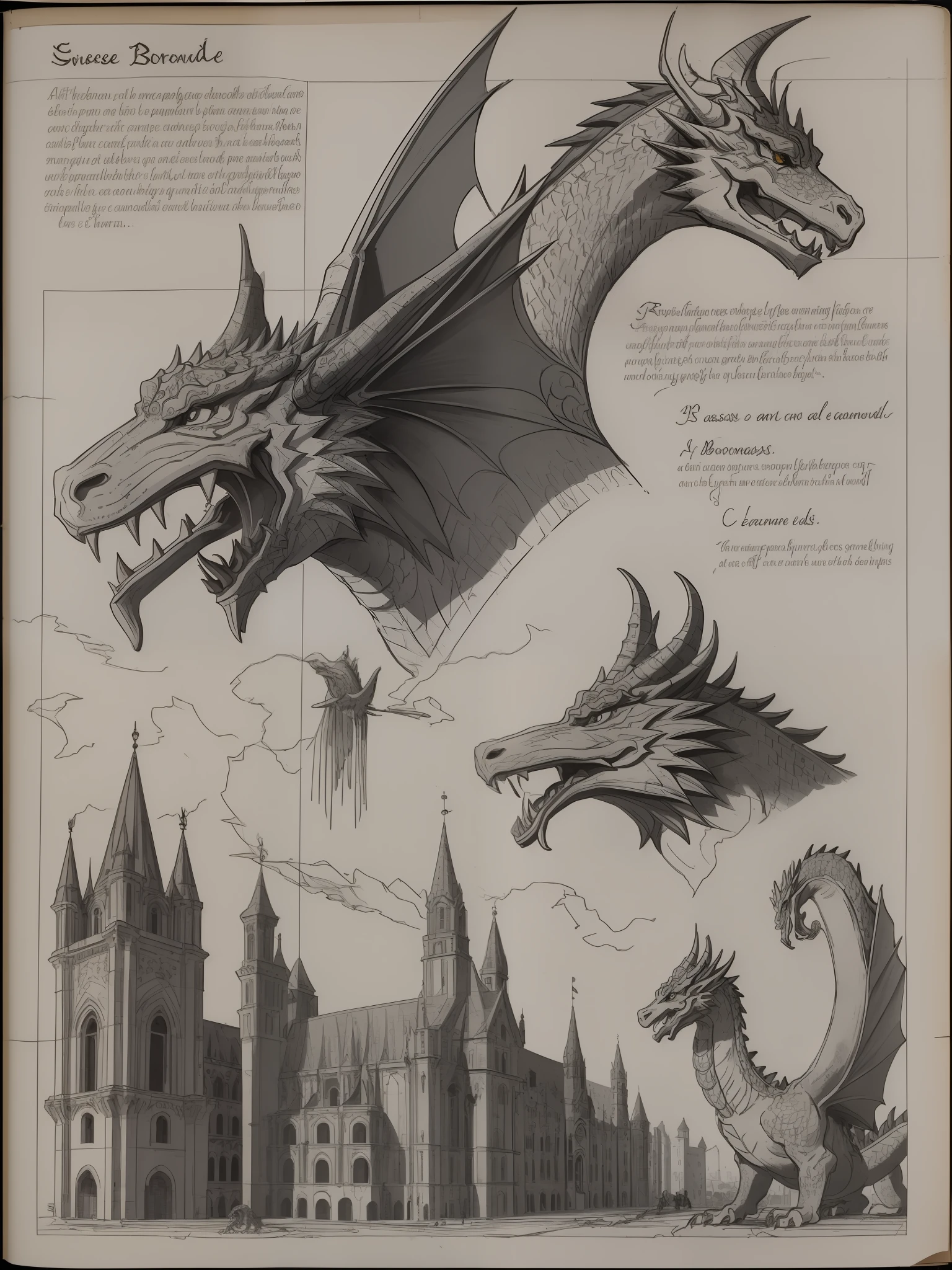 Create an extremely detailed plan of the medieval construction of Borreload Dragon, with emphasis on ((todos os)) elementos de design ((intricate and unique)), tais como ((torres altas e pontiagudas)), ((muralhas imponentes)), ((menacing gargoyles)) e ((jardins meticulosamente cuidados)). Be sure to include all the features of Borreload Dragon, como suas ((asas afiadas)), sua ((cauda longa e espinhosa)) e seu corpo ((musculoso e escamoso)). Use rich, vivid colors to bring your art to life, e certifique-se de que cada detalhe tenha sido cuidadosamente pensado e executado. This plant should be as complete and accurate as possible, evoking a sense of authenticity and grandeur.