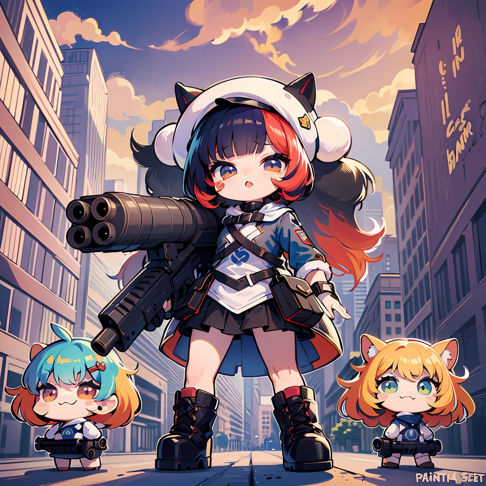 ((sticker:1.5)))、((Chibi Chara))、(((Super giant gun)))、Fluffy、1girls、Strong perm、Giant guns、Blow up the city、Strongest、Chibi Chara、ful body、pastel-colored hair、Fairy tale、Fantastical、Masterpiece、best qualiy、high picture quality