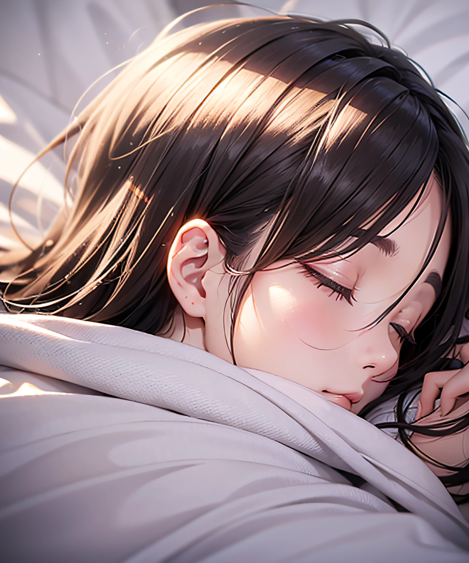 A masterpie、Realstic、best qualiy、Beautiful girl crawling into bed naked、Sleeping wrapped in sheets with profile facing the viewer、Style is clearly visible from the sheets、close her eyes、Ji