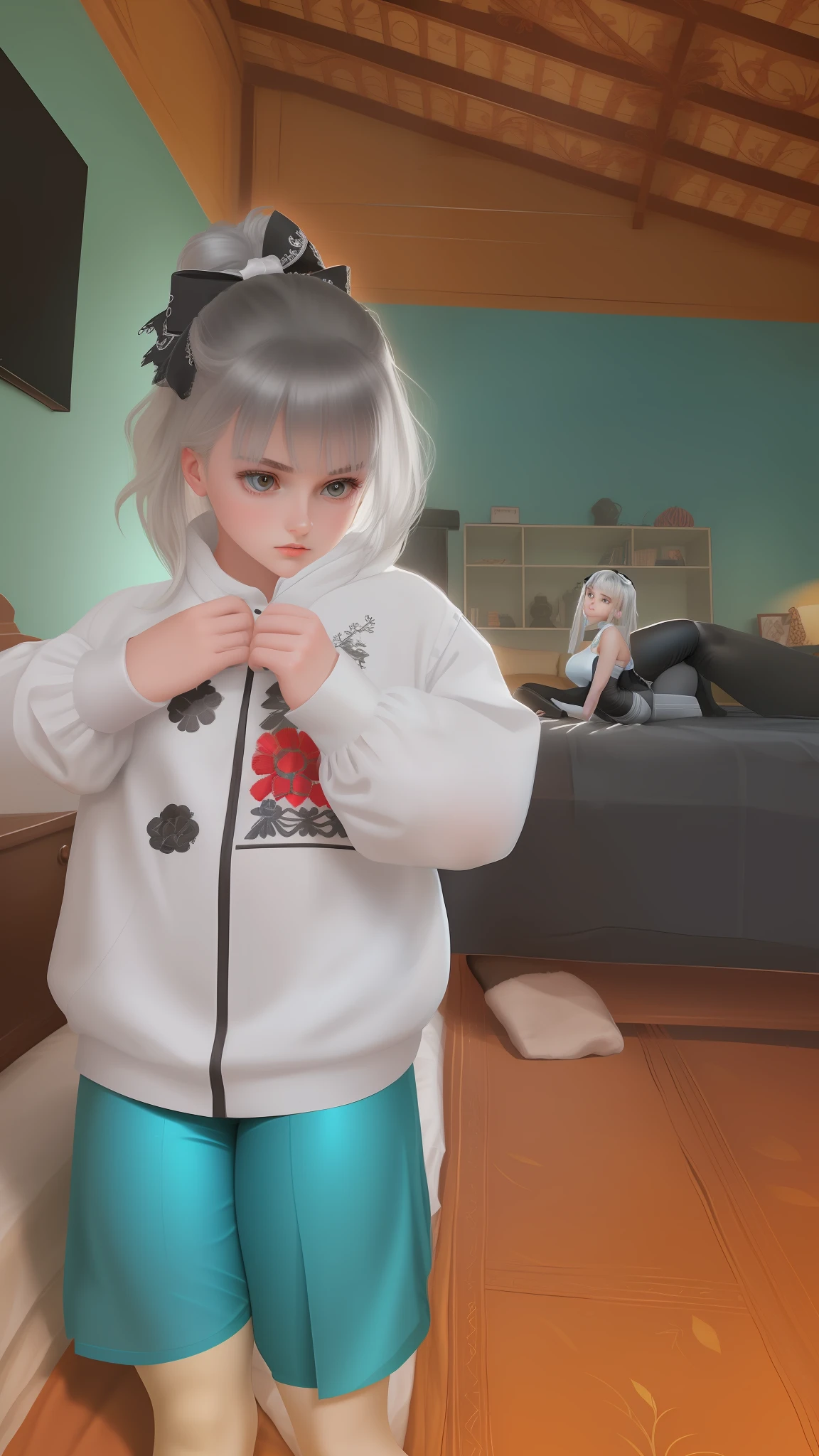 (((1 girl)),ray tracing,(dim lighting),[detailed background (bedroom)),((silver hair)),((silver hair)),(Fluffy silver hair, plump slender girl)) with high ponytail)))) Avoid blonde eyes in the ominous bedroom ((((Girl wears intricately embroidered black high-waisted pants with pantyhose) and white ruffled bow gloves), showing a delicate slim figure and graceful curves, correct limbs, sitting on the bed
