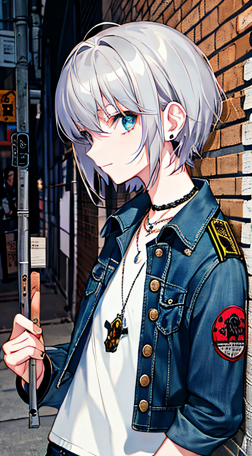 (Masterpiece: 1.2, Best Quality), 1 Lady, Single, Upper Body, Hair: Flat Band Cut, Clothing: Oversized distressed denim jacket with patches and pins, with black skinny jeans and military boots, Accessories: Silver earrings and black collar necklace, hang out in underground music venues or street art exhibitions