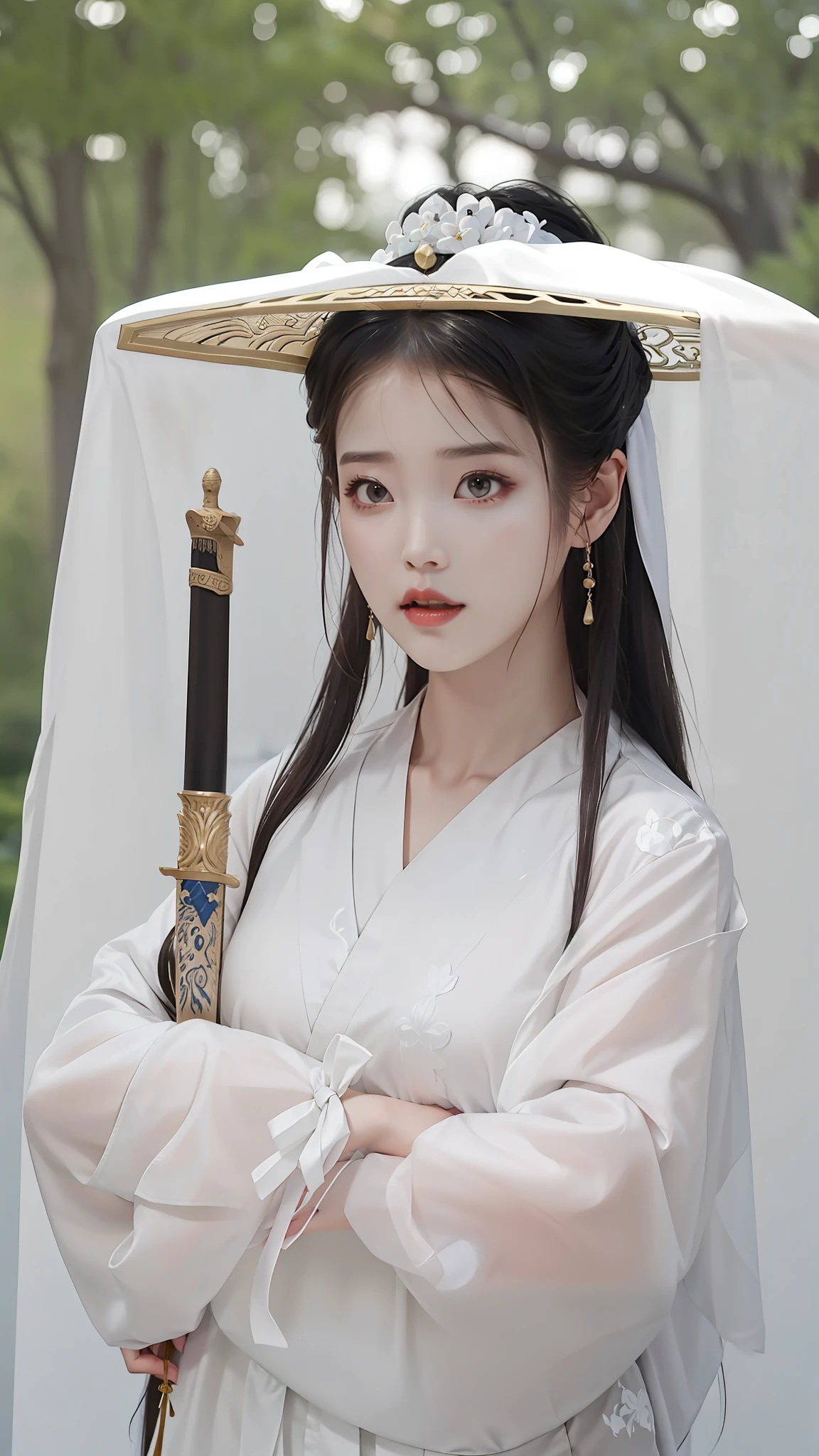 dressed in a dress white，Arad woman with sword and hat, royal palace ， A girl in Hanfu, inspired by Du Qiong, ruan jia beautiful!, Xianxia, White Hanfu, dilraba dilmurat, shaxi, holding a sword on her shoulder, xianxia fantasy, Chinese princess, queen of the sea mu yanling