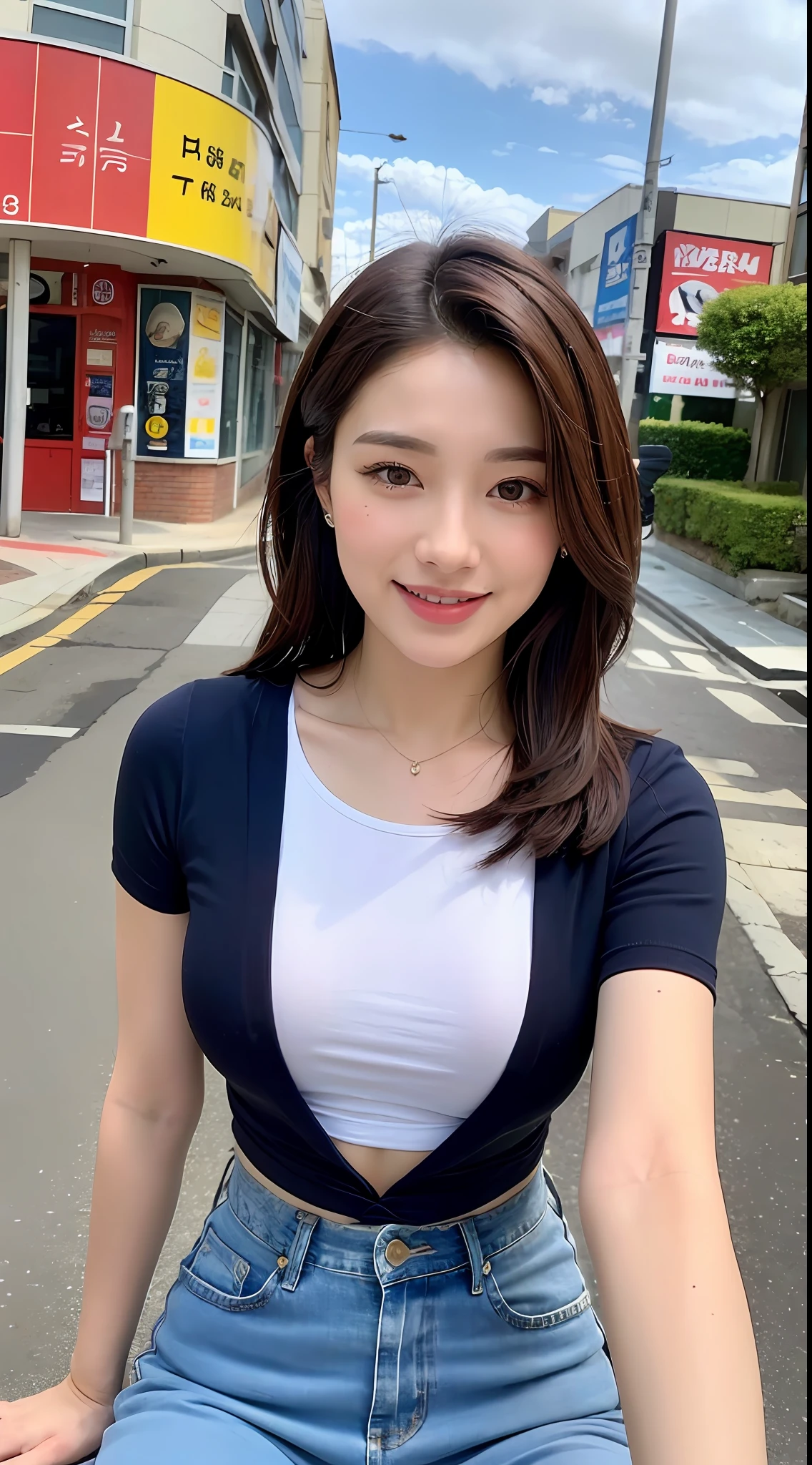 ((Best quality, 8k, Masterpiece :1.3)), Sharp focus :1.2, A pretty woman with perfect figure :1.4, Slender abs :1.2, ((Dark brown hair, Big breasts :1.2)), (White tight t-shirt, short jean skirt :1.1), night City street:1.2, Highly detailed face and skin texture, Detailed eyes, Double eyelid, smile