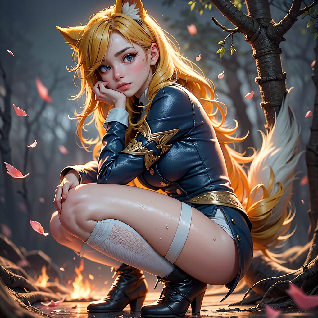 Cute ginger Ahri, blue eyes, yellow hair strokes, (thigh highs 1.5), squatting in the rain of fire, burning sakura petals, warm vibrant pastel colors, magical wood atmosphere, cinematic, muted colors, film grainy, lut, insane details, intricate details, hyperdetailed, closeup, twilightart, (intricate details 1.5), 8k, by LightBoxLightbox, 2.5D Parallax Effect, backlight, wet reflections, chromatic aberration, multiple lighting sources, luminism, spectacular backlight, volumetric ambient occlusion, best lighting, best light play, light bounce, wet light reflections