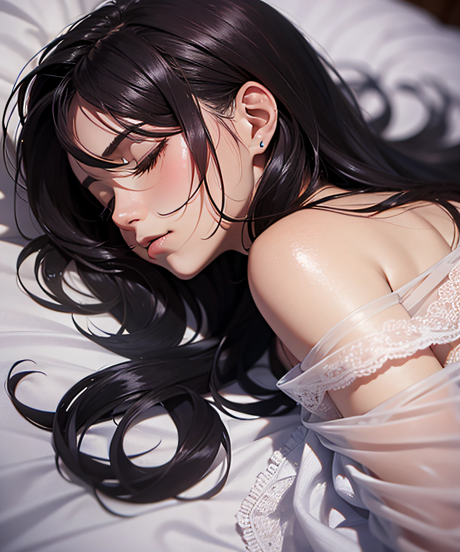 A masterpie、Realstic、best qualiy、photorealestic、Beautiful girl crawling into bed 、Sleeping wrapped in sheets with profile facing the viewer、Uneven sheets to match style、close her eyes、long hair
