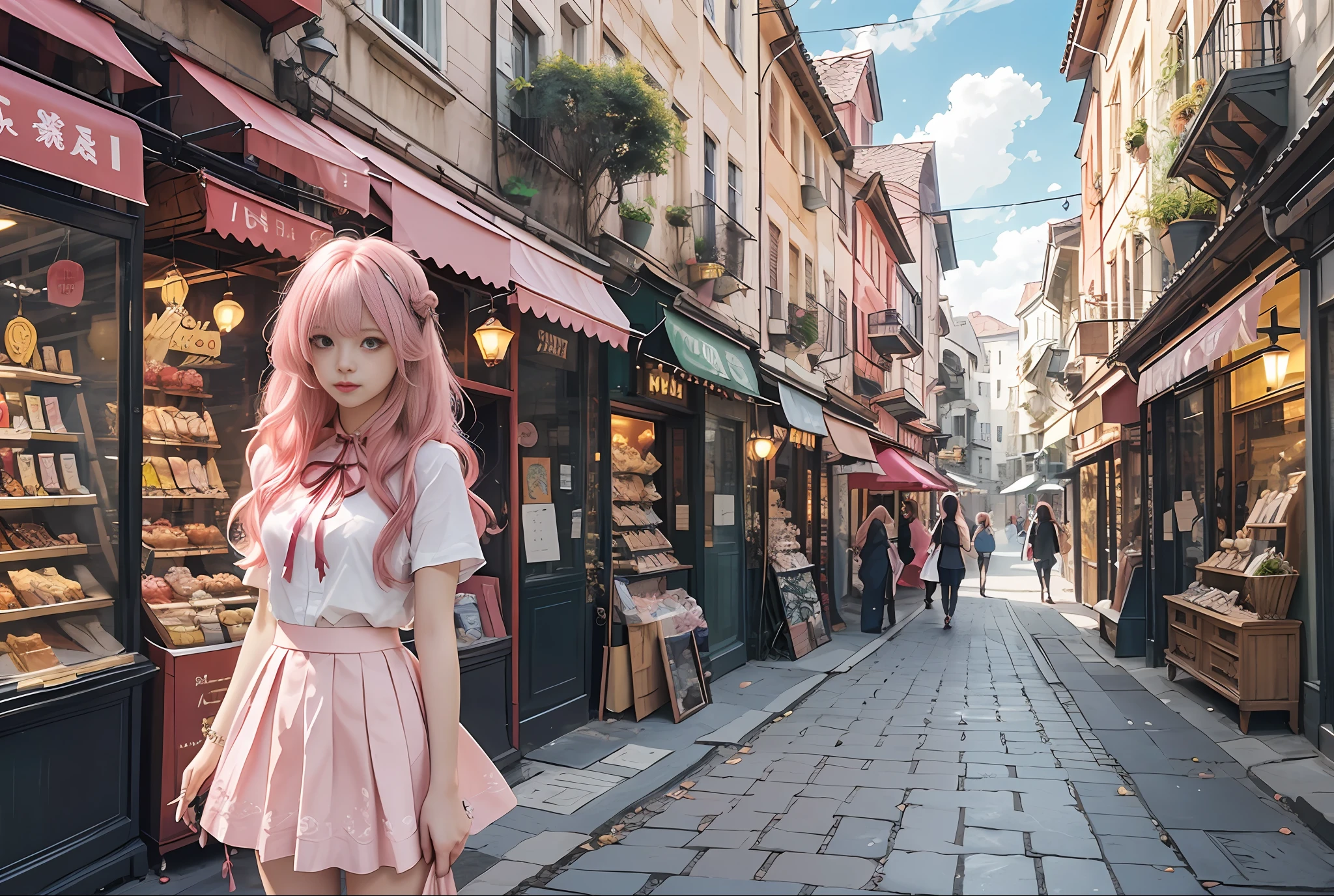 (Masterpiece, best quality: 1.4), in the arcade (sunny_day: 1.1),
Pink hair, upper_body, tassels,
{straight hair|(wavy hair:0.8)},
{long hair|medium hair|short hair}, single anime girl, kawaii cute skirt