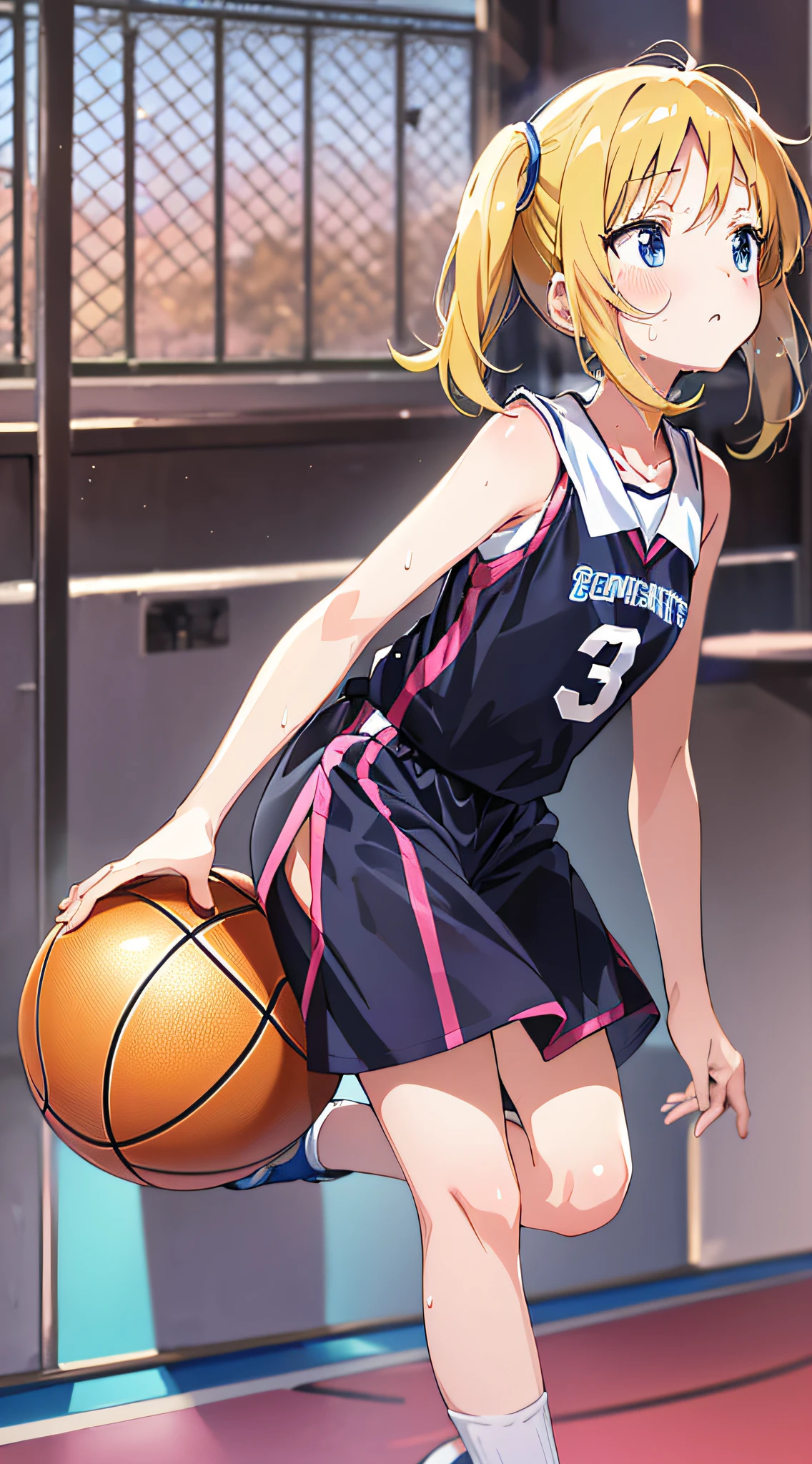 (best qualiy,アニメ,Anime Art Style:1.2) yuyushiki, Young girl, 13yo, Sweat glows、Playing the Basketball, (Looking away:1.5),Sleeveless,During a basketball game