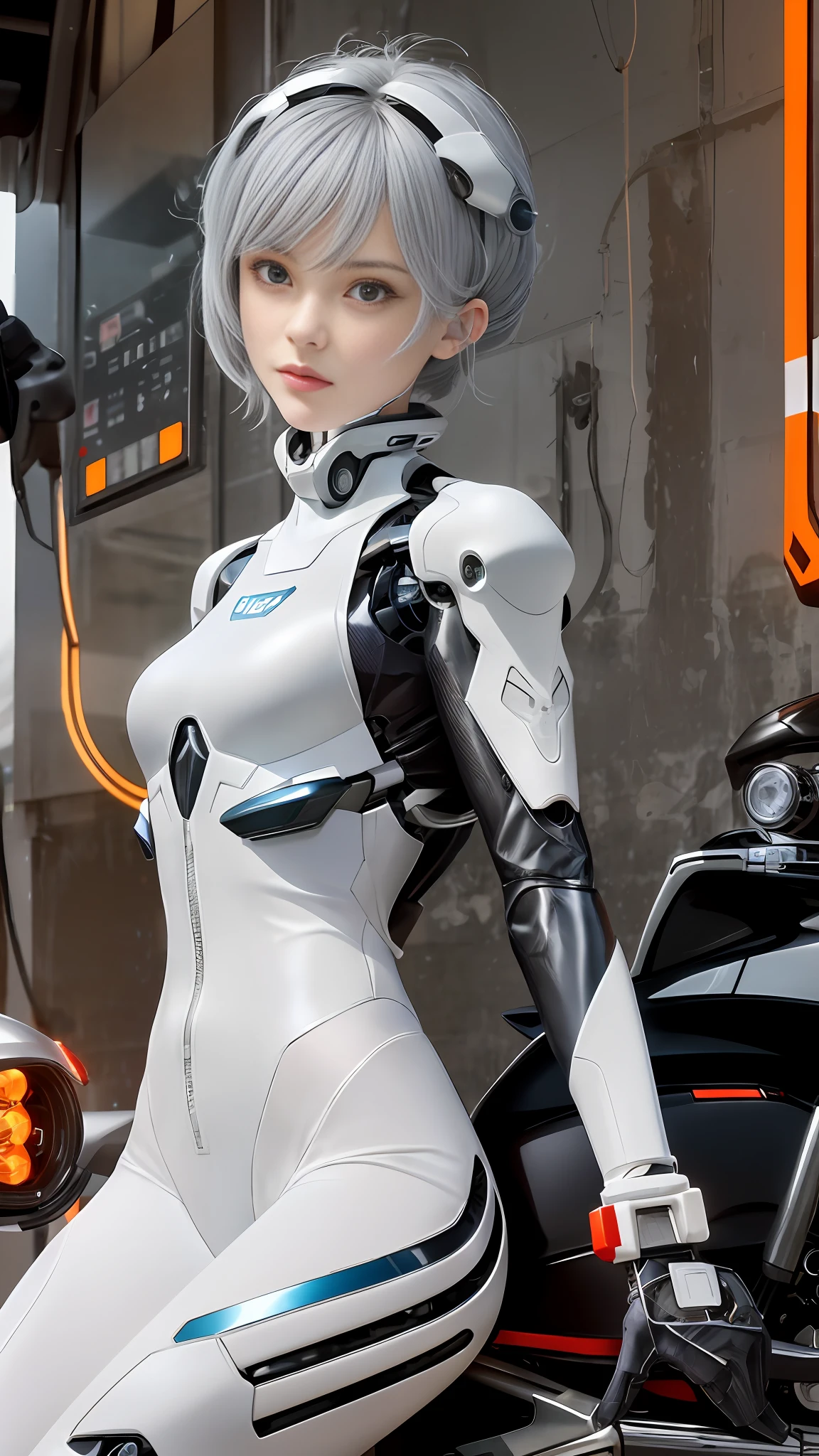 there is a woman in a white suit sitting on a motorcycle, perfect android girl, cyborg - girl with silver hair, cyber suit, beutiful white girl cyborg, cute cyborg girl, perfect anime cyborg woman, gynoid cyborg body, cyborg girl, styled like ghost in the shell, cybersuit, beutiful girl cyborg, cyborg - girl, in white futuristic armor