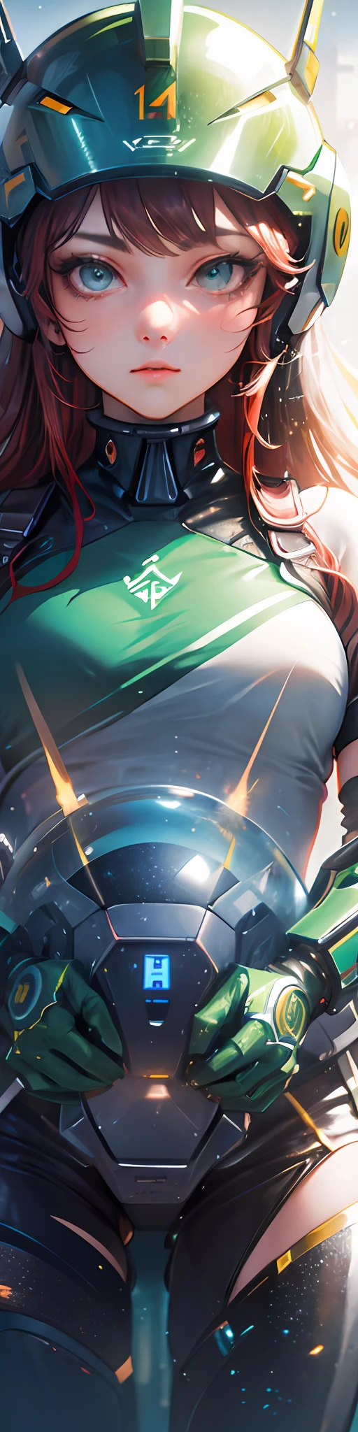 Highest image quality, outstanding details, ultra-high resolution, (realism: 1.4), the best illustration, favor details, highly condensed 1girl, with a delicate and beautiful face, dressed in a black and green mecha, wearing a mecha helmet, holding a directional controller, riding on a motorcycle, the background is a high-tech lighting scene of the future city.
