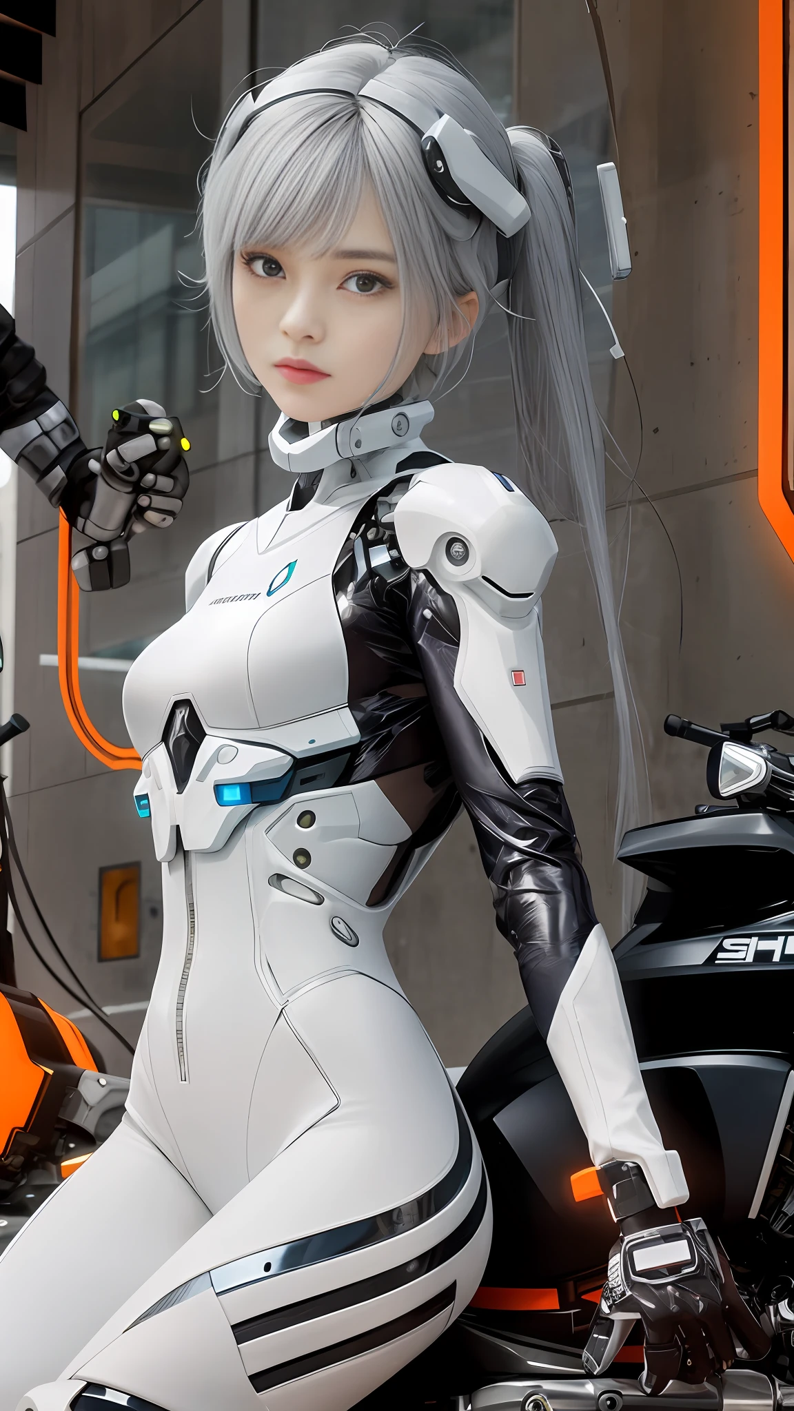 there is a woman in a white suit sitting on a motorcycle, perfect android girl, cyborg - girl with silver hair, cyber suit, beutiful white girl cyborg, cute cyborg girl, perfect anime cyborg woman, gynoid cyborg body, cyborg girl, styled like ghost in the shell, cybersuit, beutiful girl cyborg, cyborg - girl, in white futuristic armor
