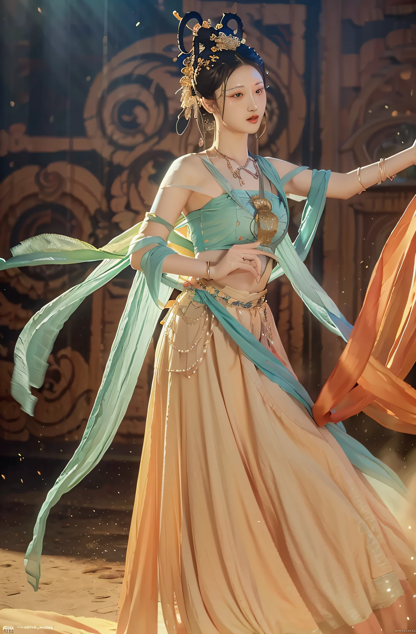 (8K, OriginalPhotographs, Best quality, The Masterpiece:1.2), (Realistic, photo-realistic:1.4), (Extremely detailed CG unity 8k wallpaper), 1 Girl Solo, dunhuang_Dress, dunhuang_style, dunhuang_backgrounds,Dancing in the air