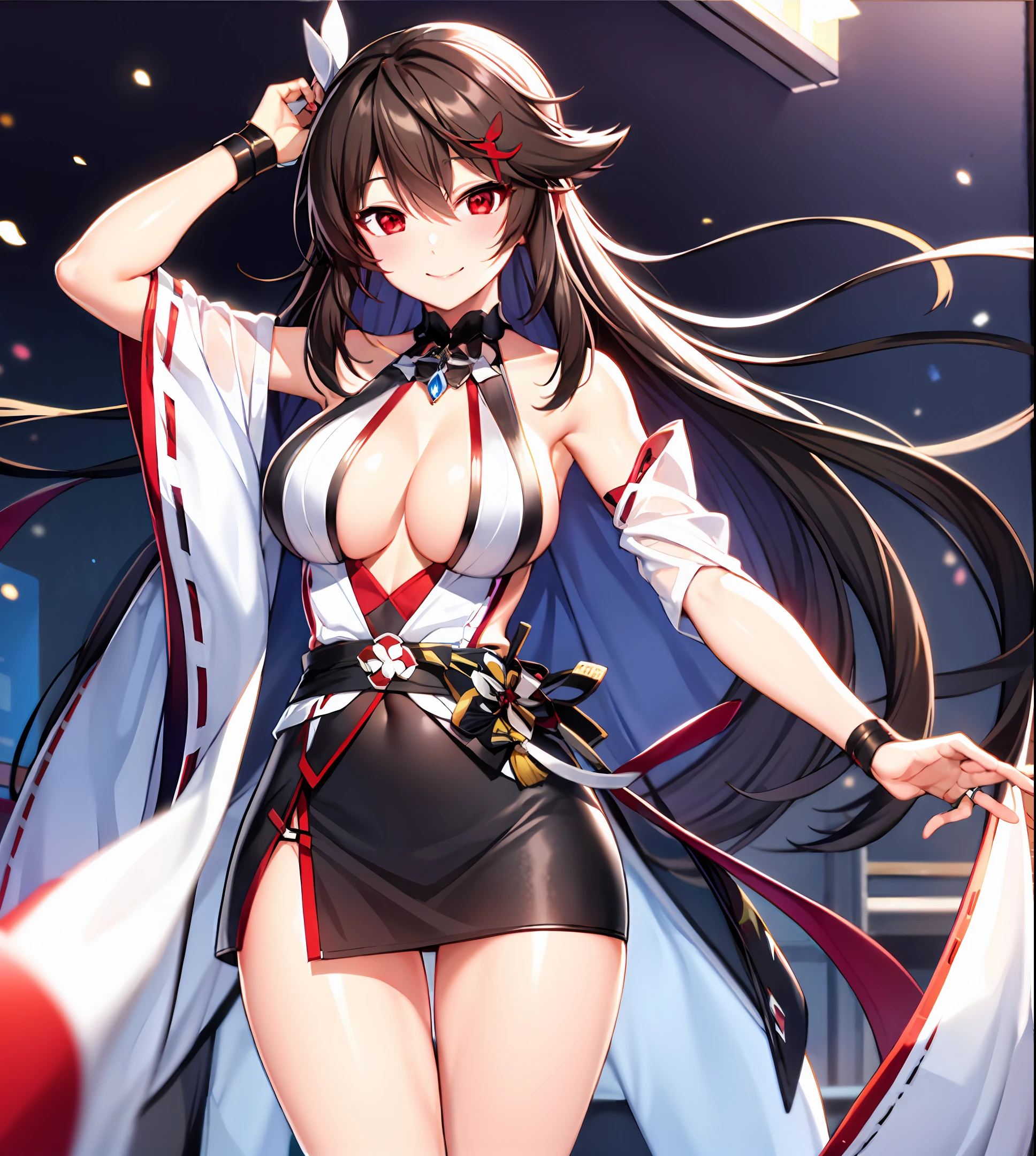 Red eyes，Long red emanation，Smile with，enmaided，short  miko skirt，Black silk big breasts，Leg rings